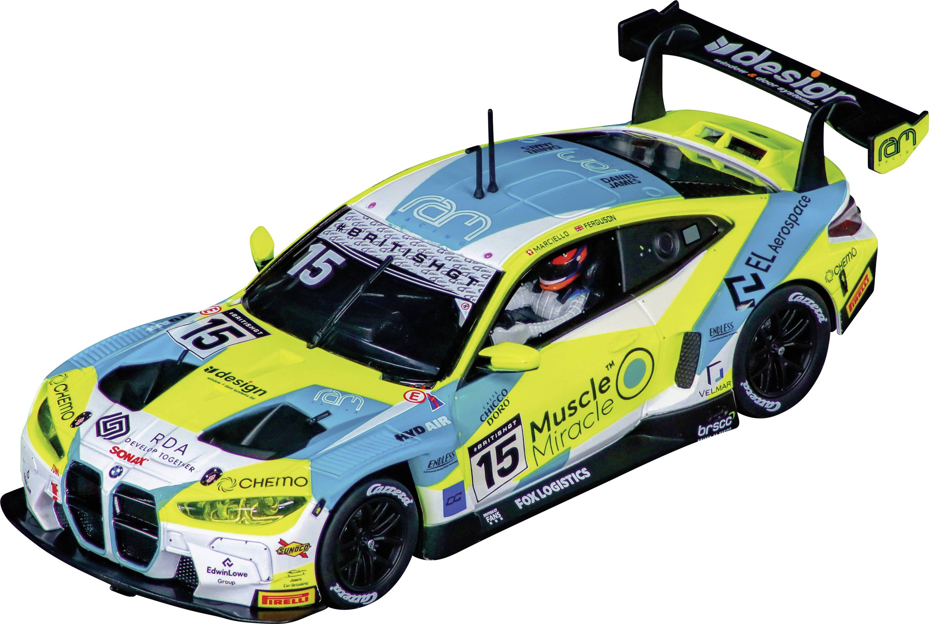 A toy race car with a blue, green, and yellow livery, labeled 'Muscle Miracle.' Number 15 is on the hood and roof.