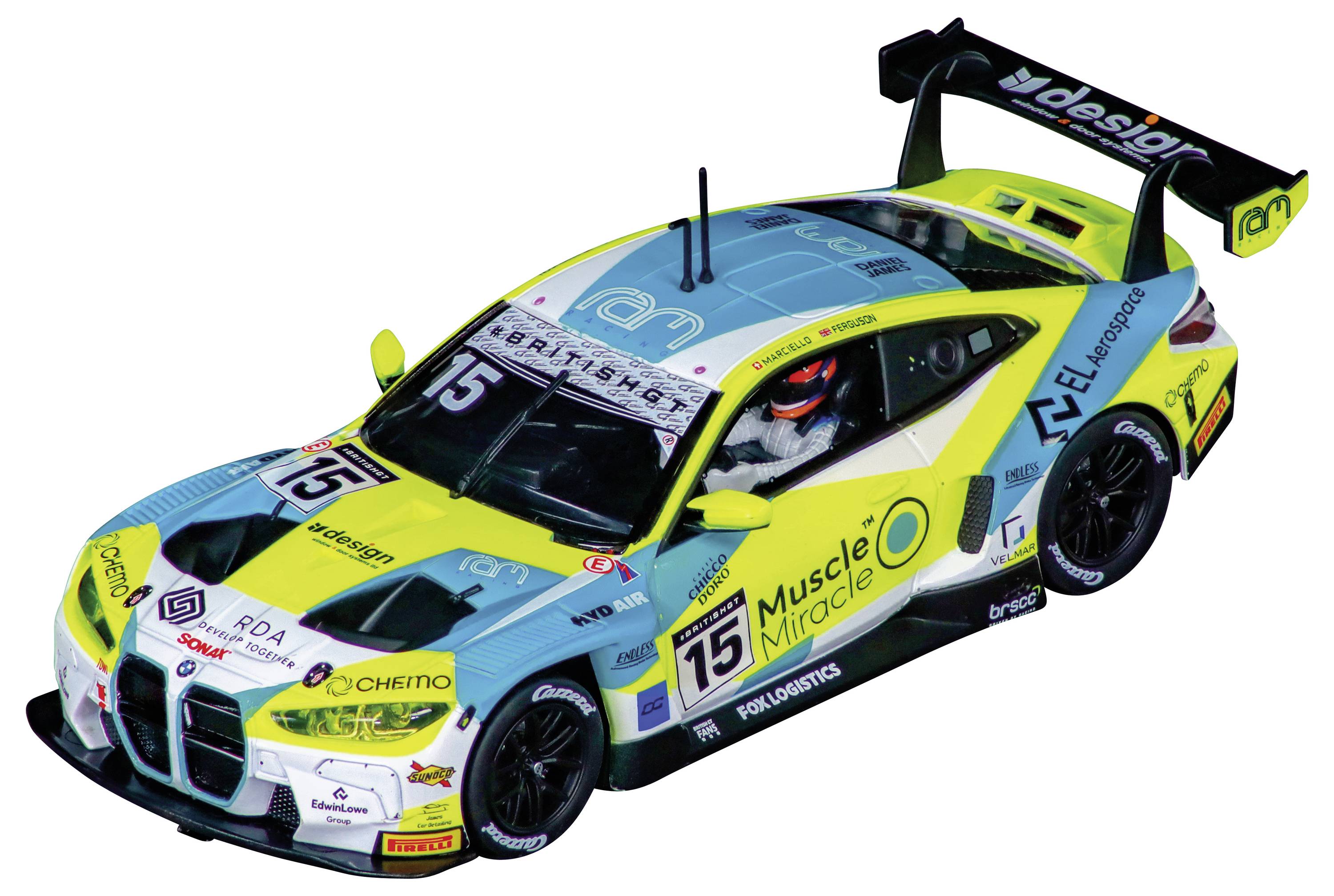 A bright racing car with number 15 and colorful sponsor logos, featuring a sleek aerodynamic design and prominent spoiler on a white background.