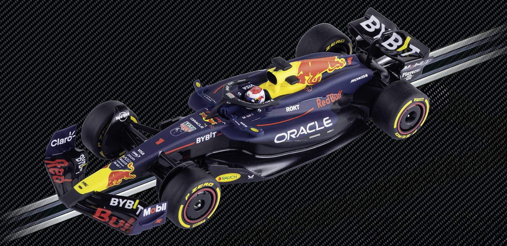 A Formula 1 car with Red Bull branding is displayed on a textured background, showcasing sponsors like Oracle and Bybit, and highlighting the sleek design.