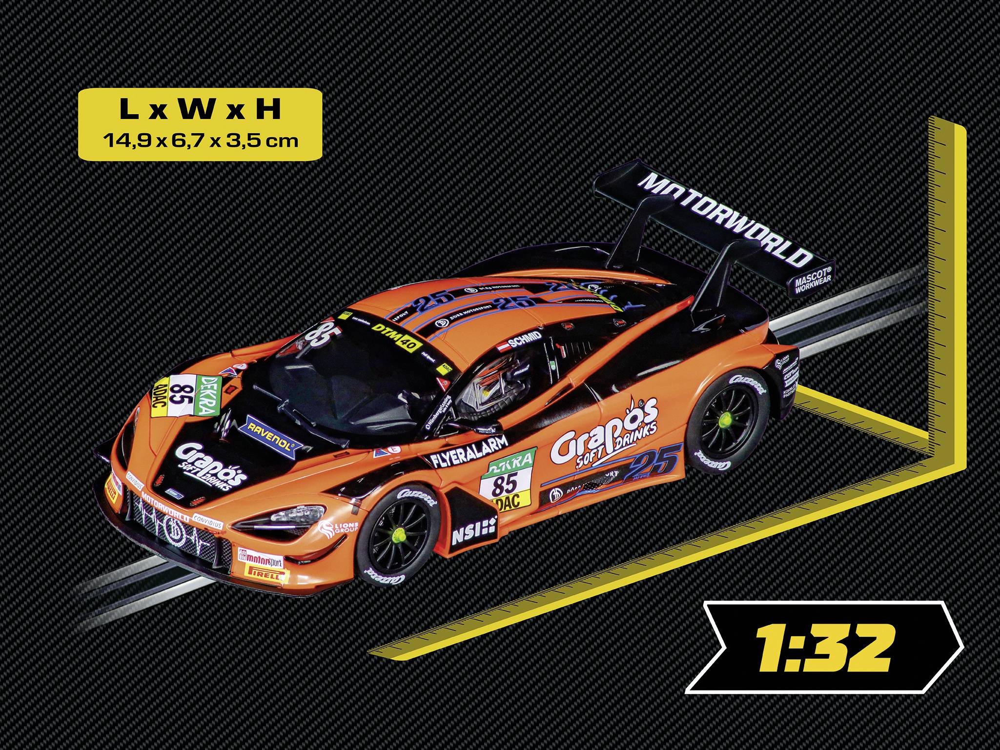 Orange and black toy race car with sponsor logos on a dark background. Dimensions: 14.9 x 6.7 x 3.5 cm. Scale 1:32.