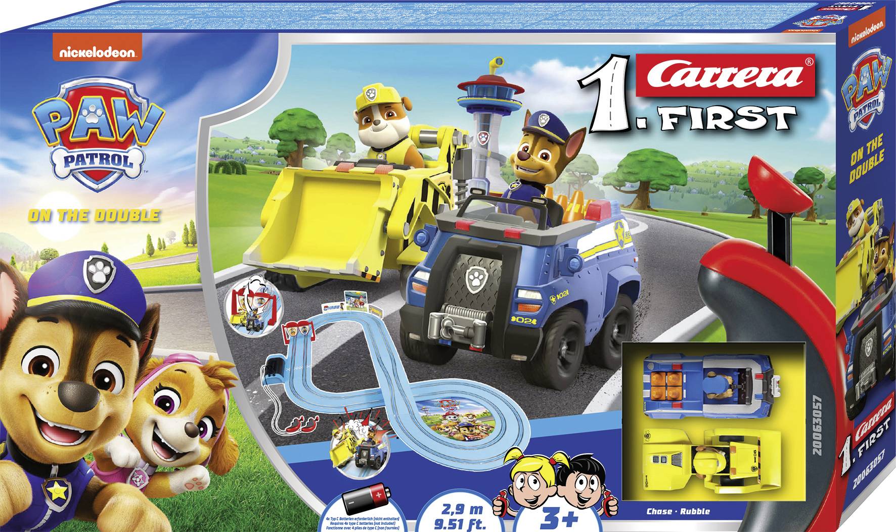 'Paw Patrol' toy set featuring Chase and Rubble vehicles with a track, suitable for ages 3+, Carrera First brand.