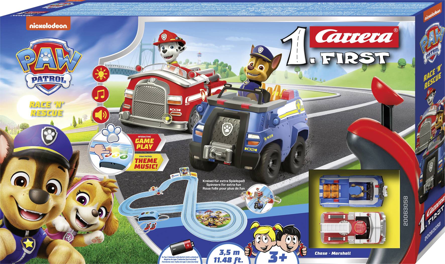 'Paw Patrol' themed Carrera First race track set box featuring Chase and Marshall vehicles. Includes image of track and remote controllers.