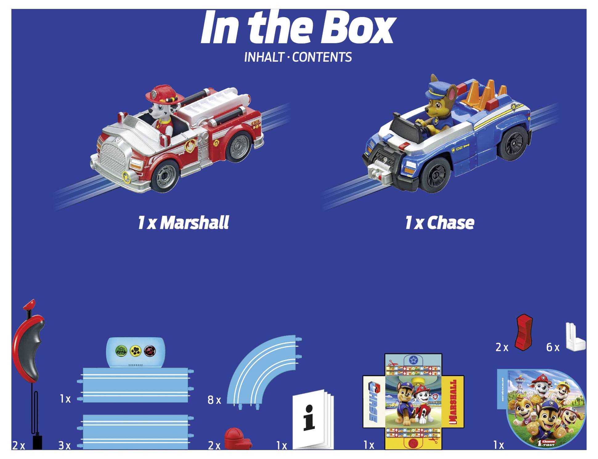'In the Box' includes toy fire truck with Marshall, police car with Chase, and accessories such as ramps, tracks, and characters.