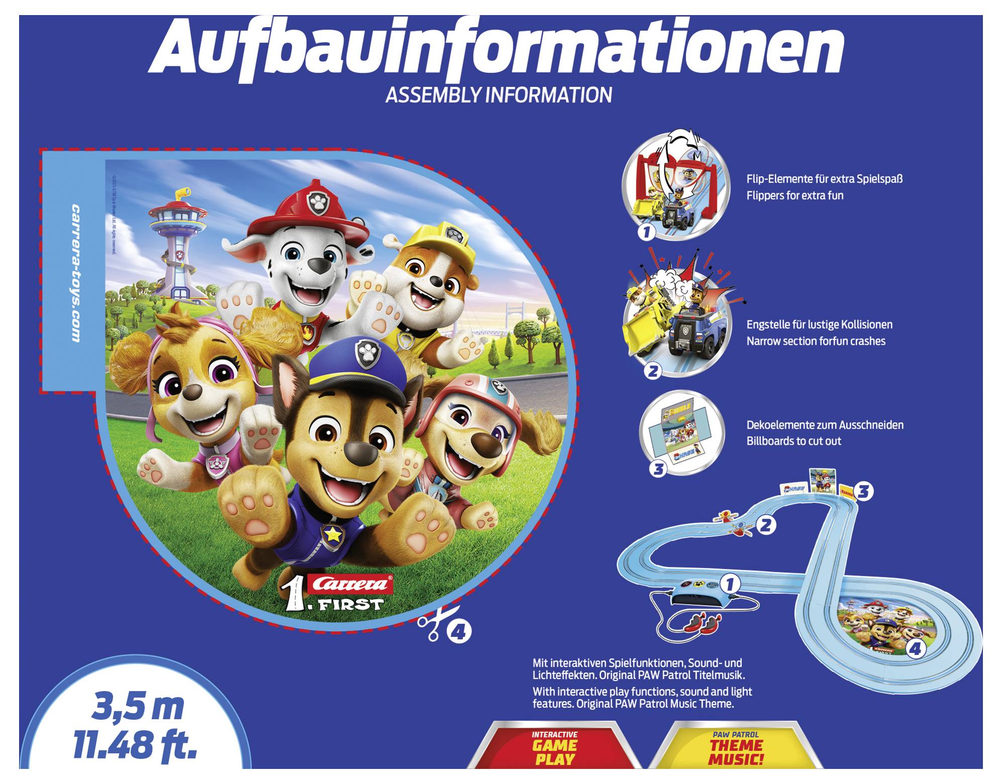 'Paw Patrol' themed racetrack assembly guide shows cartoon pups with construction details. Track is 3.5m (11.48ft) long.