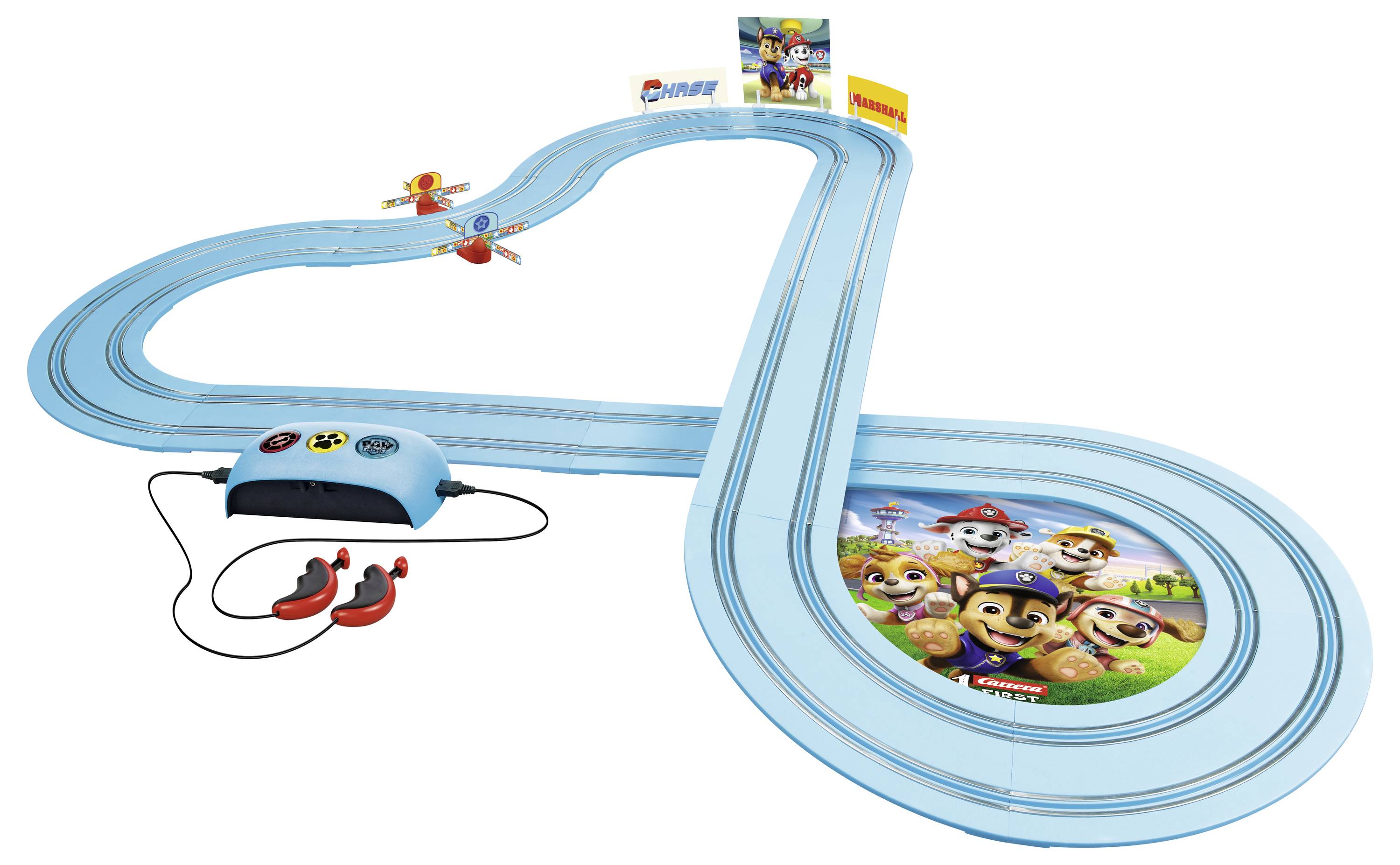 A toy race track with two controllers features a 'Paw Patrol' theme, displaying characters on a large circular section.