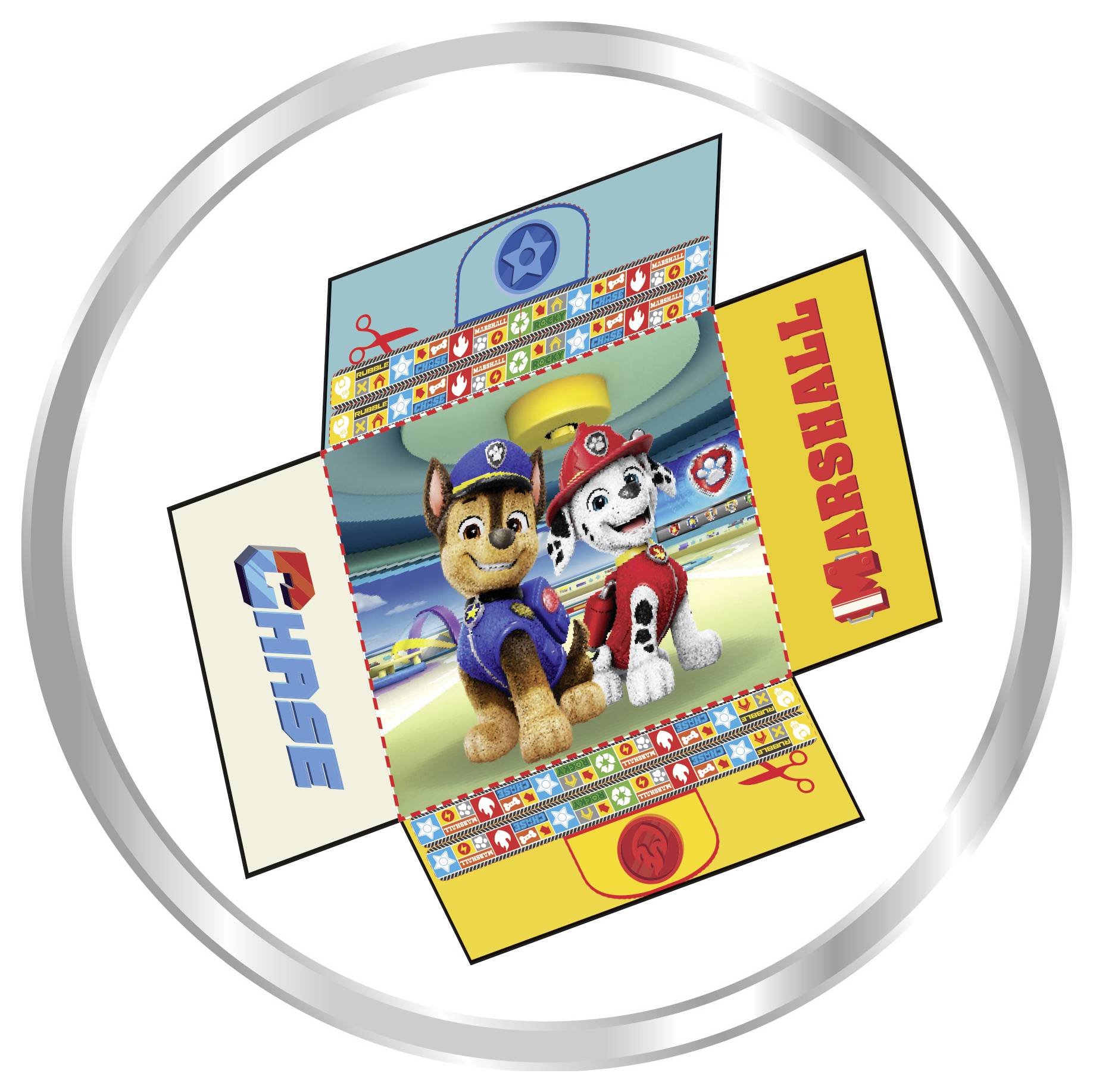 'Paw Patrol' themed box layout featuring Chase and Marshall smiling in a bright arena setting, with blue and red side panels bearing their names.
