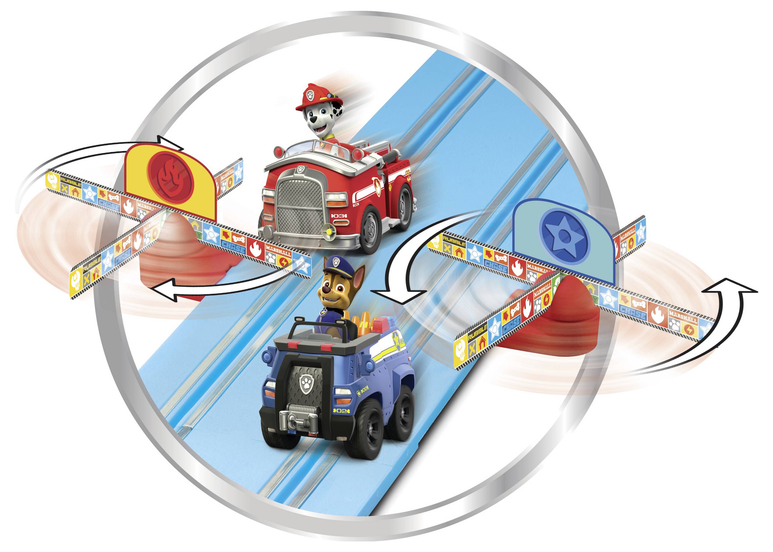 'Paw Patrol' vehicles race on a blue track with spinning gates. Chase in a police car and Marshall in a fire truck are shown in motion.