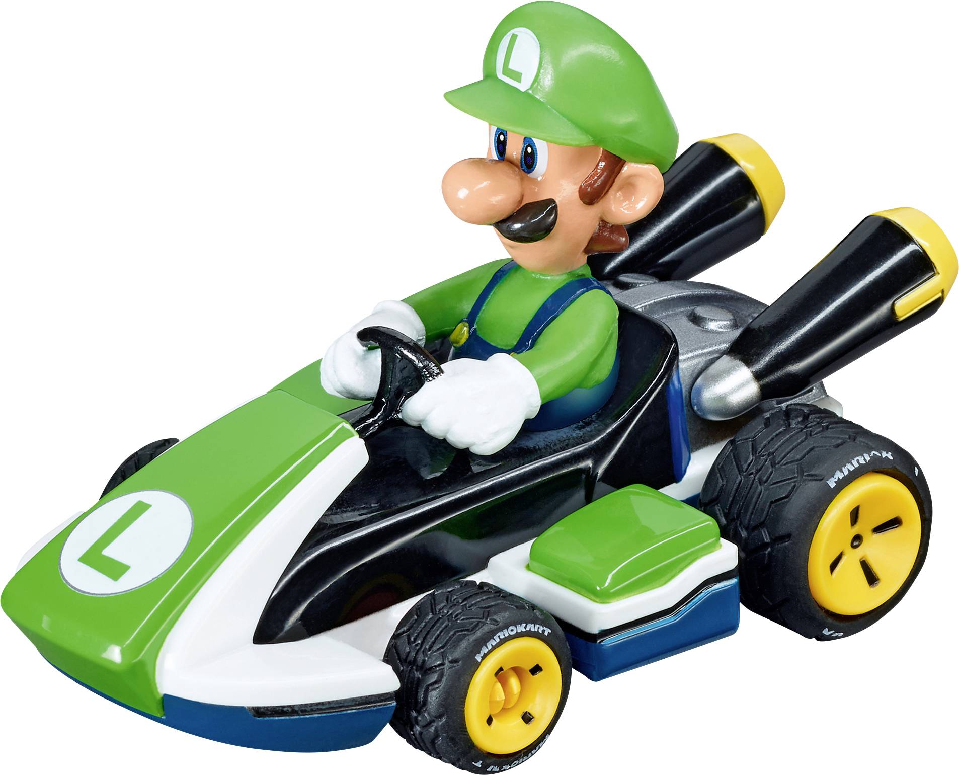 A cartoon character in a green outfit and cap drives a small, colorful racing kart with a large letter 'L' on the front.