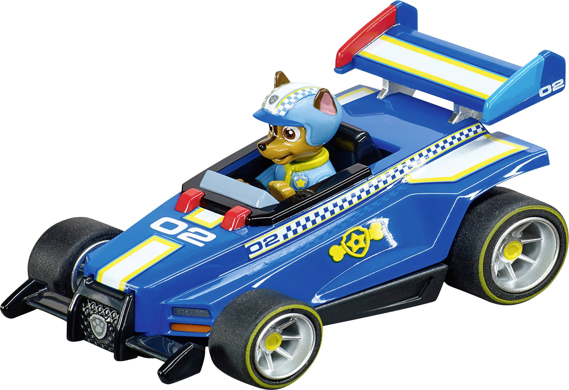 A toy race car in blue and yellow with a small police-themed figure wearing a helmet in the driver's seat.