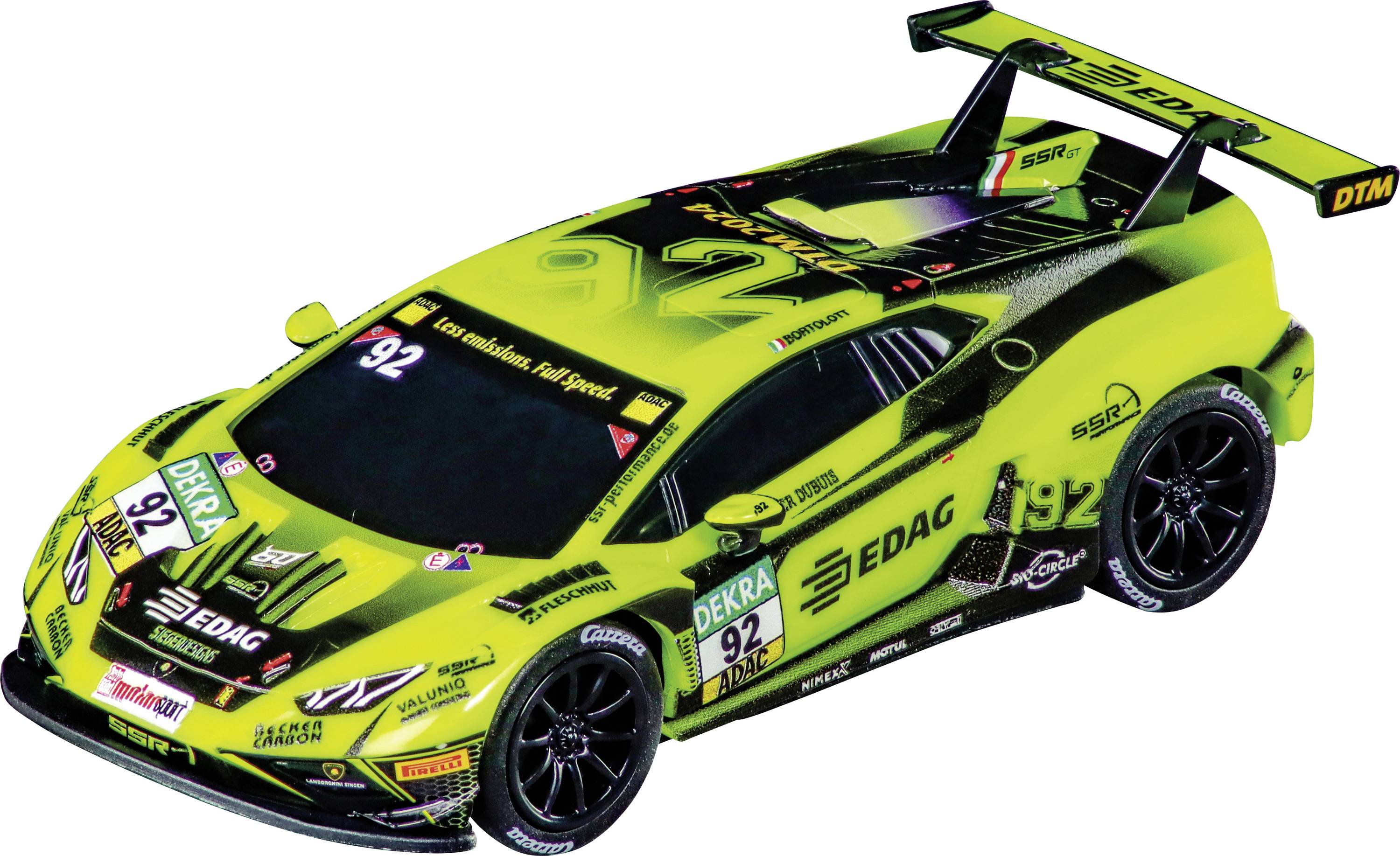 A bright green and black racing car with number '92' and sponsor logos, featuring a large rear wing, designed for competitive motorsport.