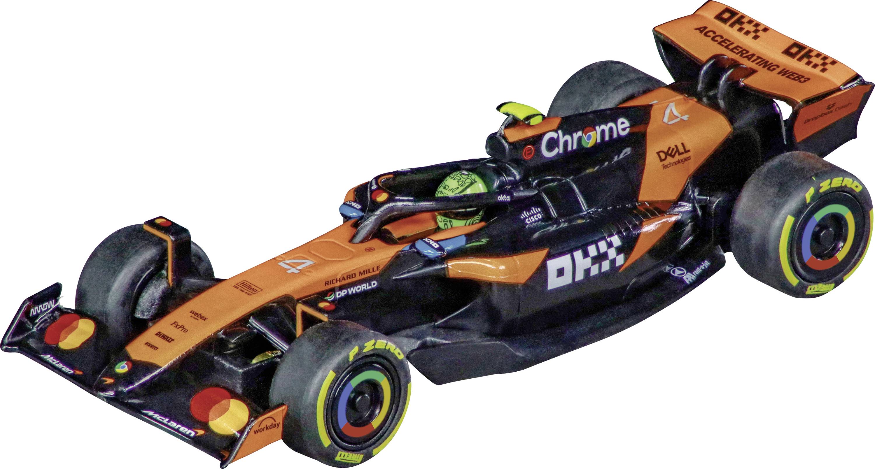 A racing car with vibrant orange and black colors, features logos including 'Chrome.' It has sleek aerodynamic design and Pirelli tires.