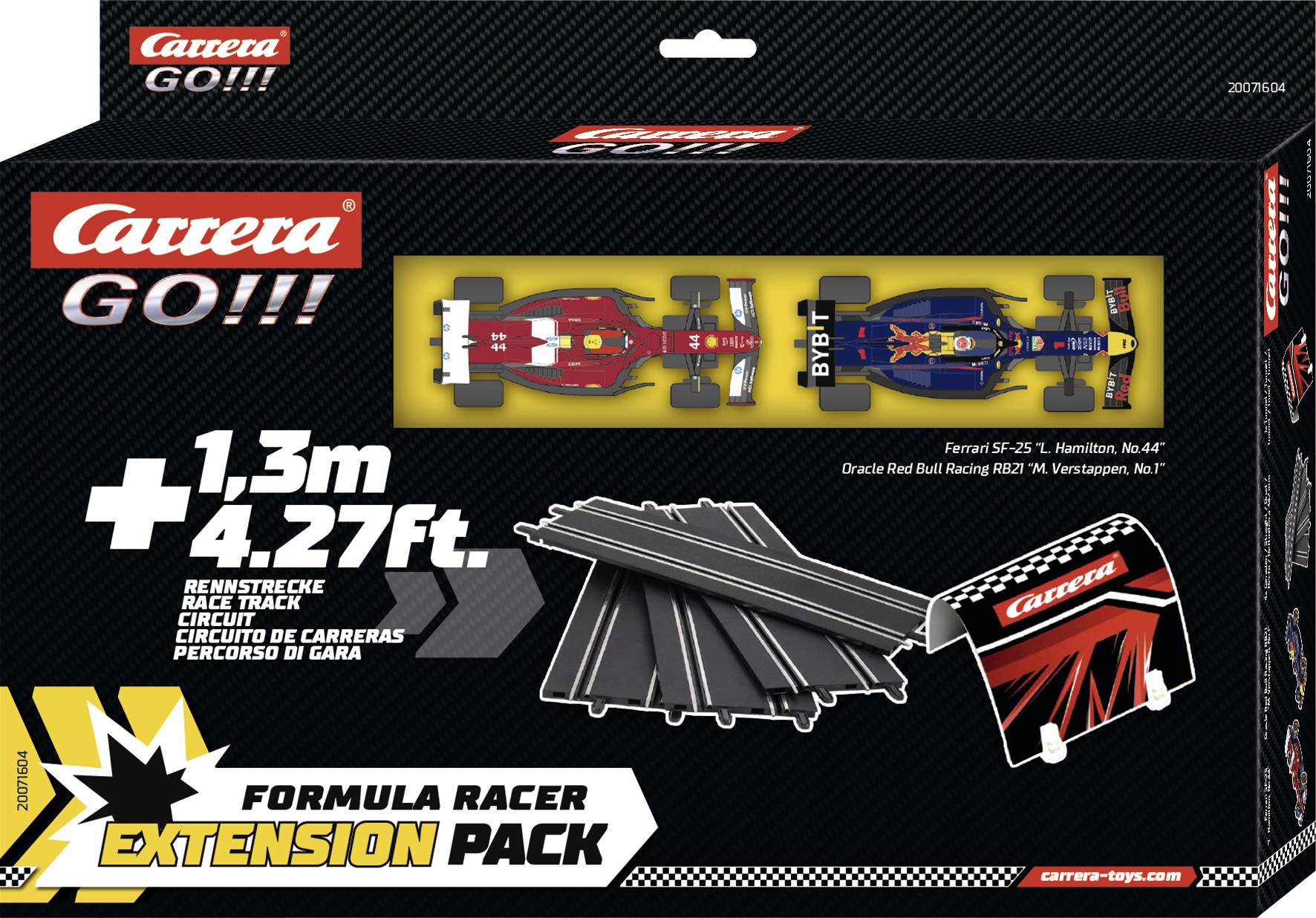 'Carrera GO!!! Formula Racer Extension Pack' box showing red and blue toy race cars, extra track pieces, and package details in multiple languages.