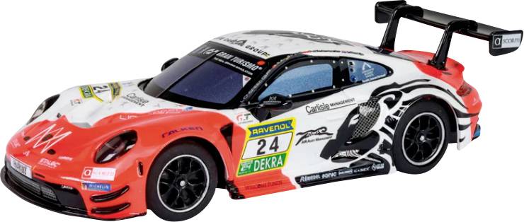 A red and white race car with sponsor logos and the number 24 on the side, featuring a large rear wing and detailed designs on its body.