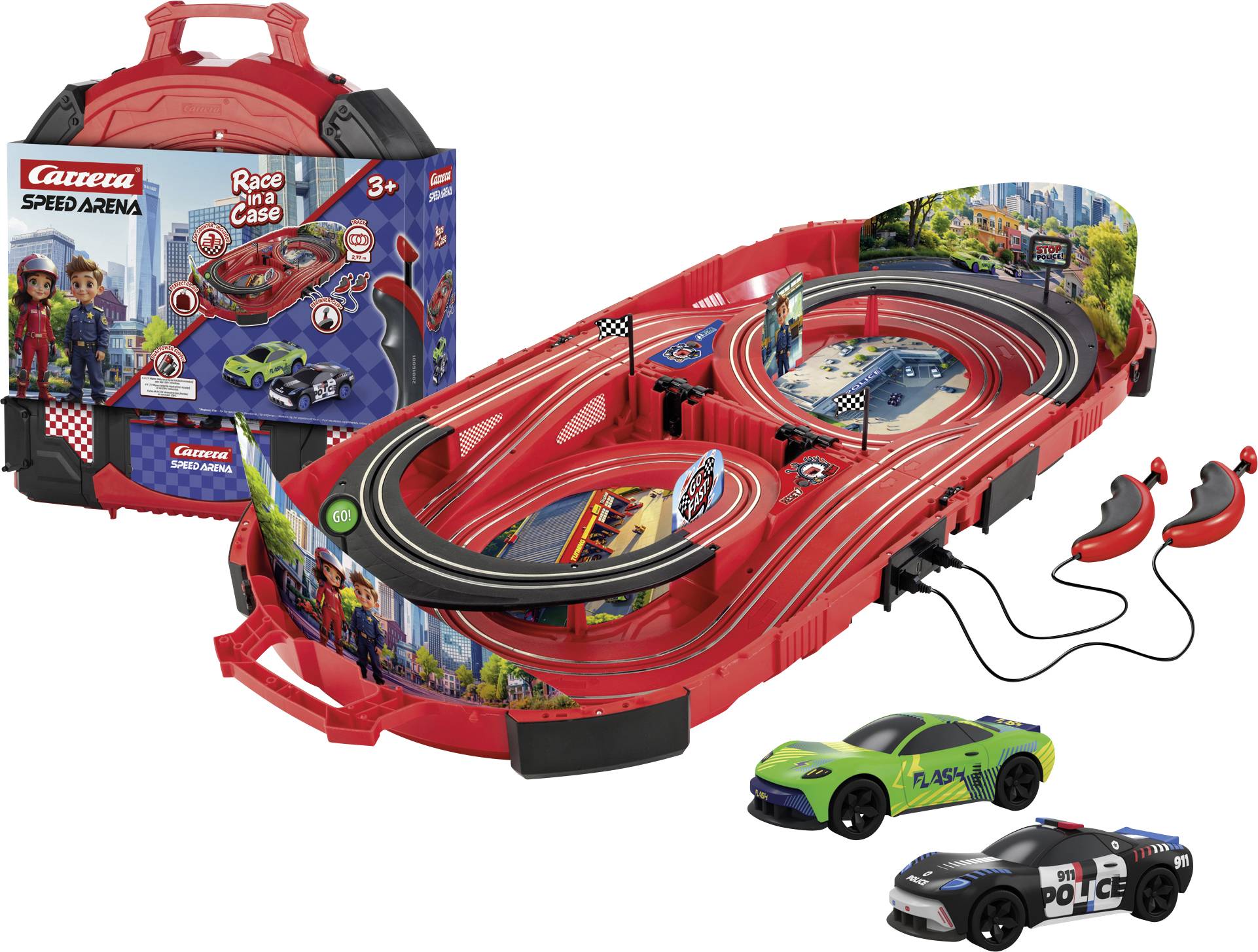 Red toy race track in suitcase shape with two controllers and two toy cars, one green and one police-themed, from Carrera Speed Arena.