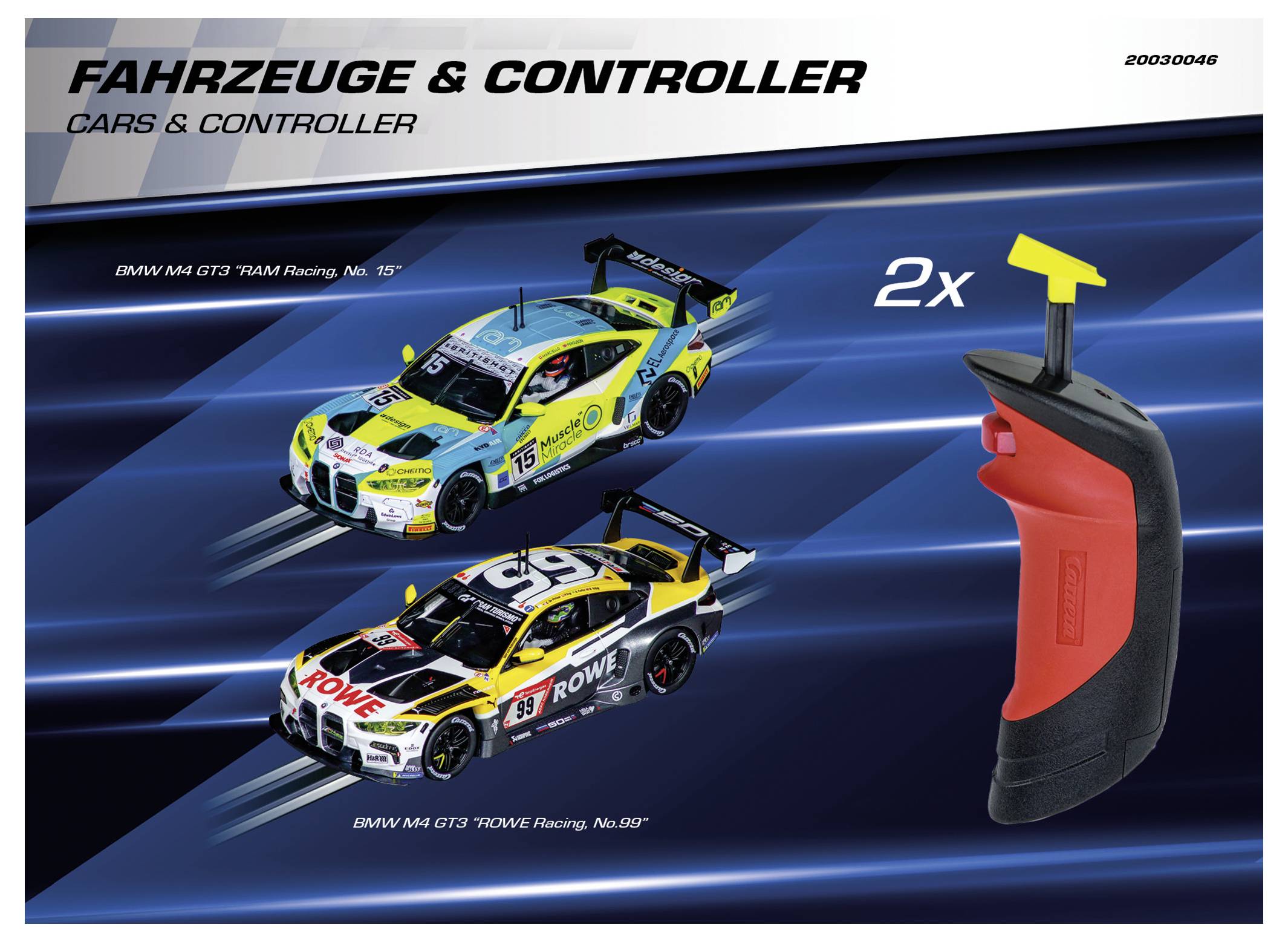 'Fahrzeuge & Controller' box cover showing two racing cars with labeled team names and a red handheld controller.