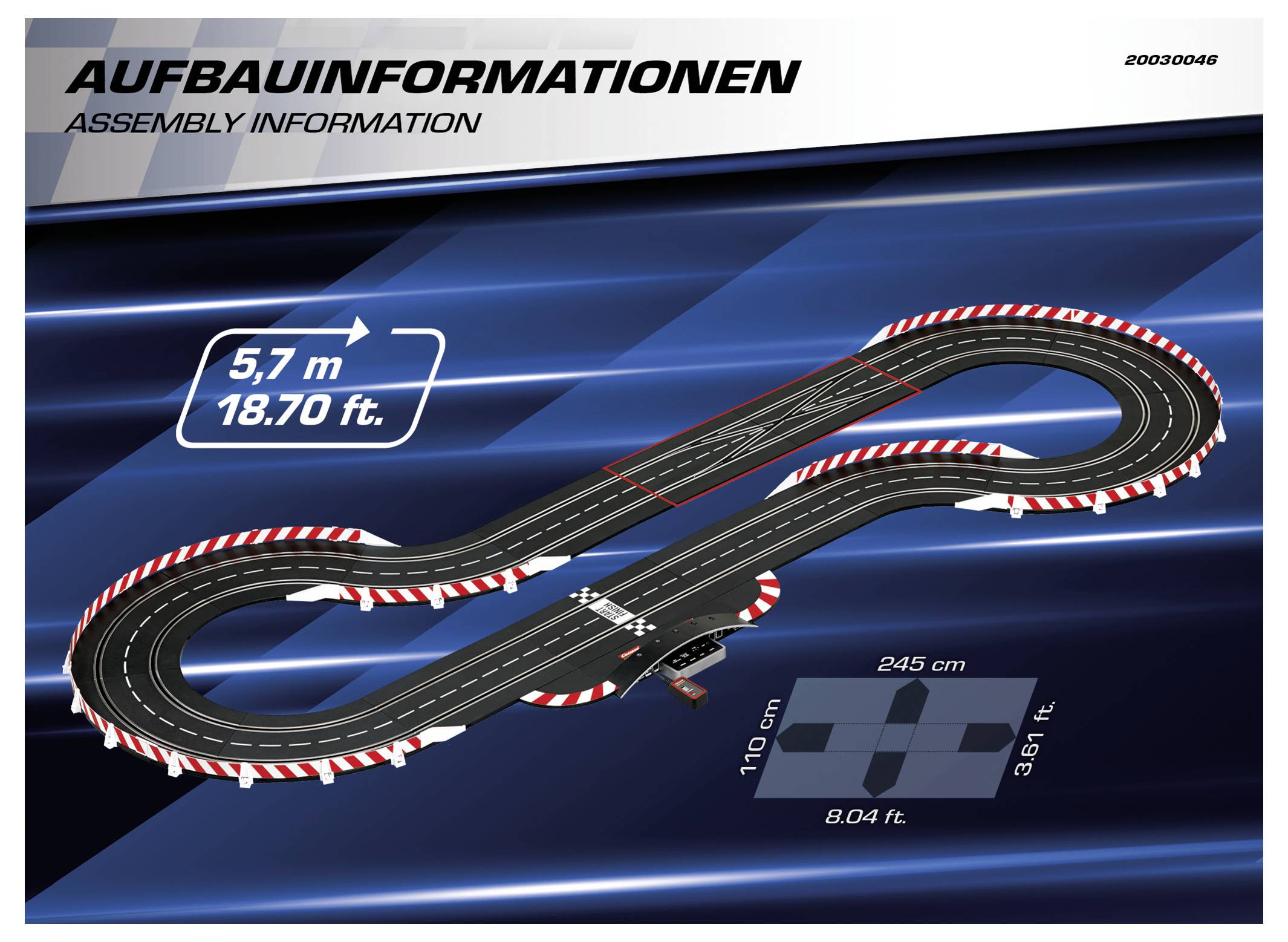 'Assembly Information': Diagram of a racetrack layout with dimensions 5.7 meters (18.70 feet) long and 1.10 meters (3.61 feet) wide.