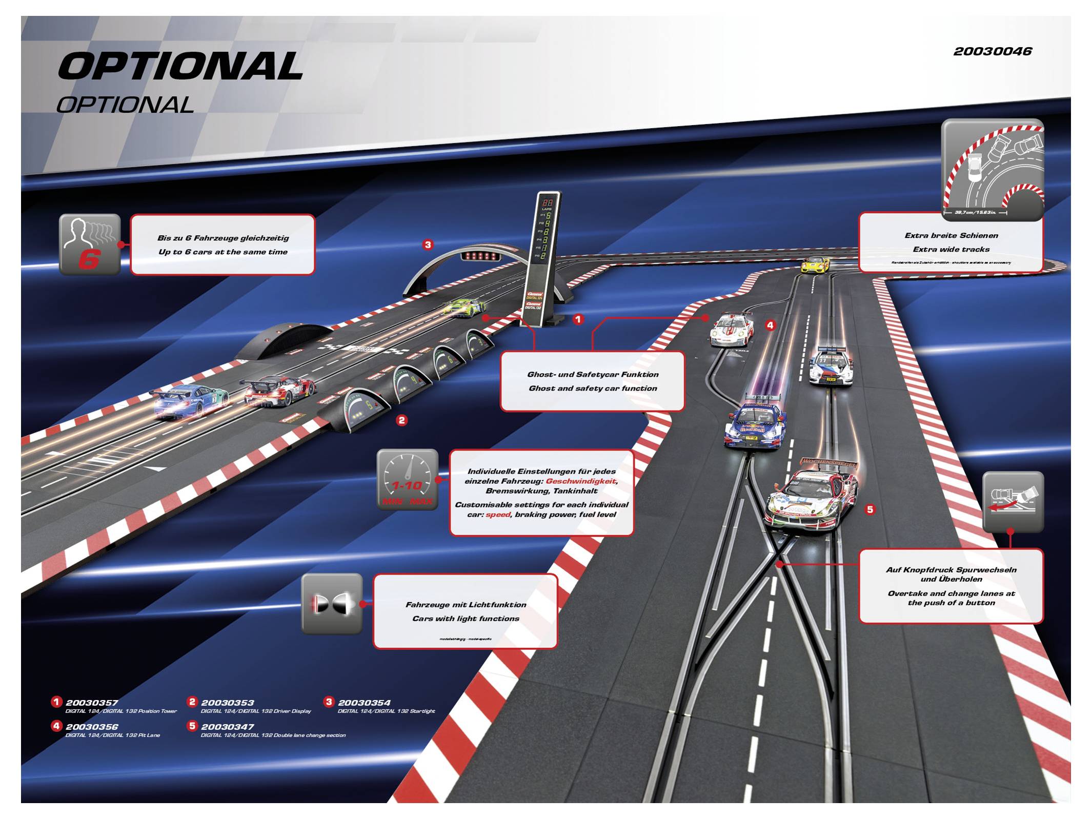 'Optional' track infographic showcasing racecars on a slot car track with multiple lanes and overpasses, detailing racing configurations.