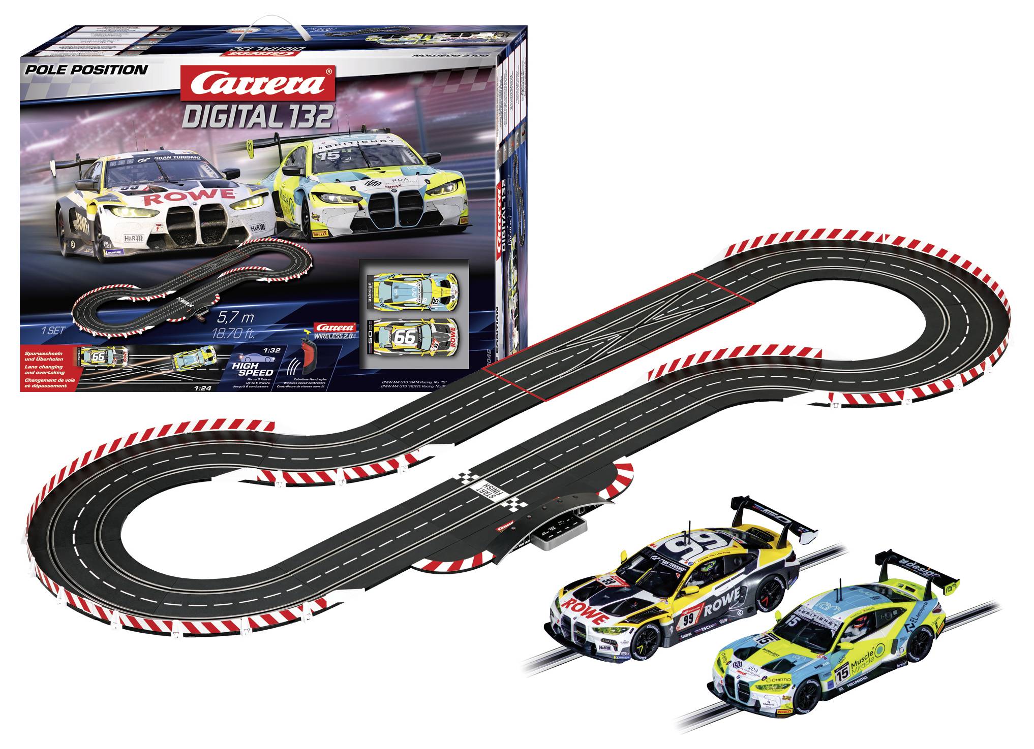 'Carrera Digital 132 Pole Position' toy car racing set featuring a detailed track layout and two model racing cars on display.