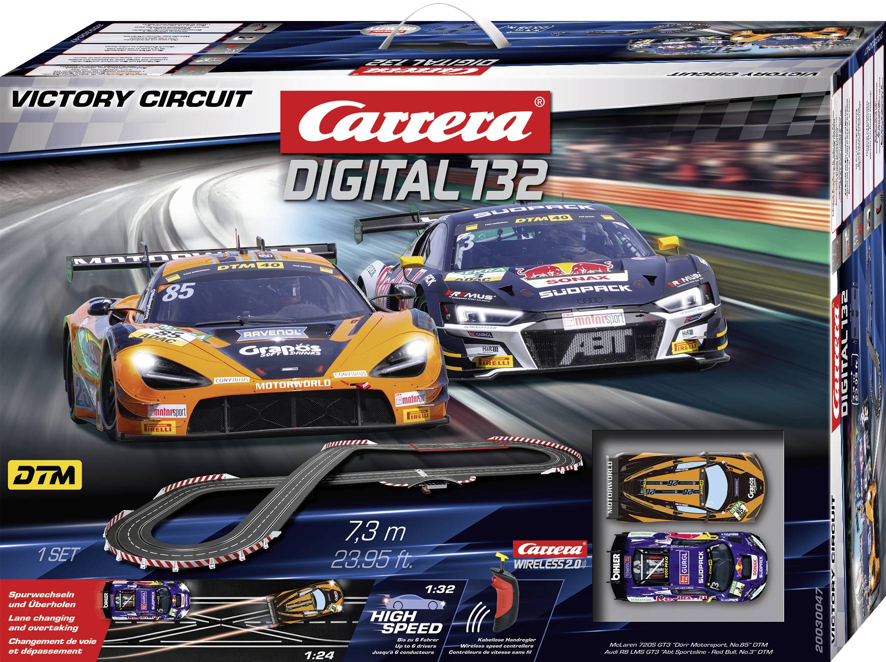 'Carrera Digital 132' slot car racing set box showcasing twin race cars on track, emphasizing high-speed racing and track length of 7.3m.