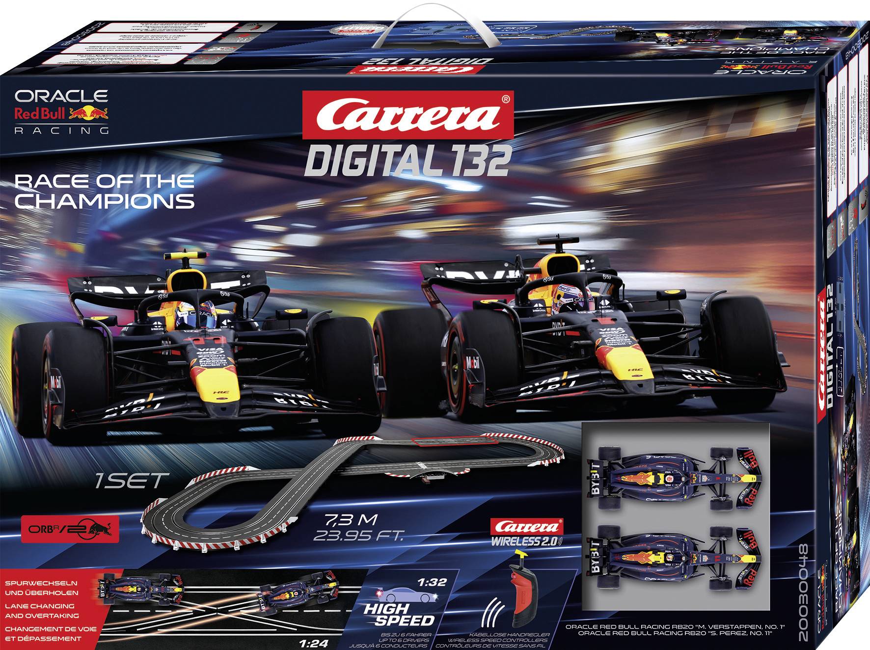 'Carrera Digital 132 Race of the Champions' toy set packaging featuring two racing cars, track layout, and branding details.
