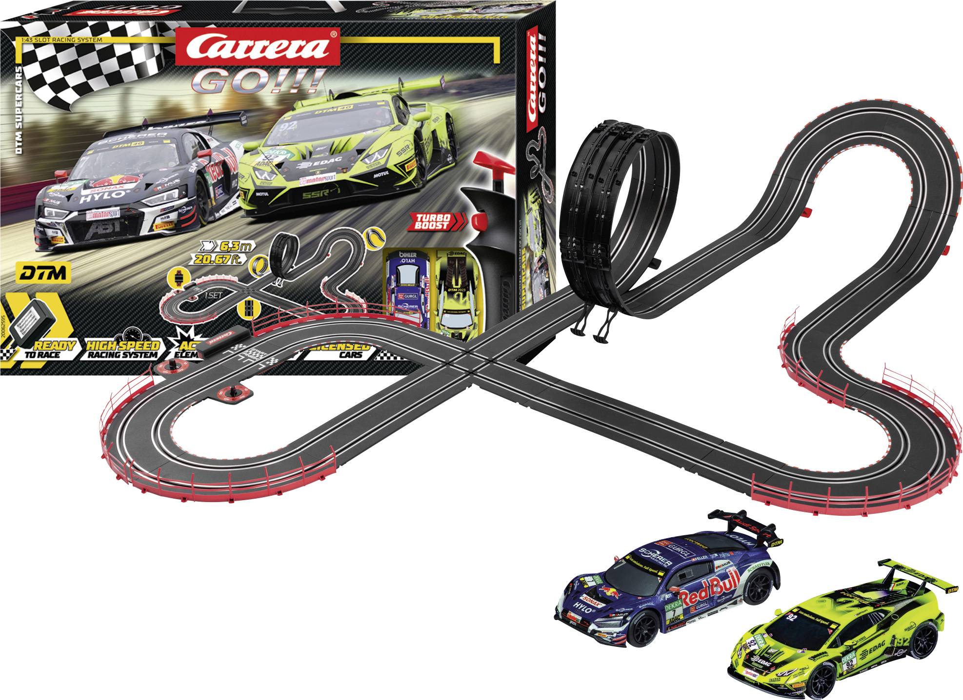 'Carrera GO!!! DTM Speed Racer' slot car set box with two toy race cars and track layout featuring a loop and curves.