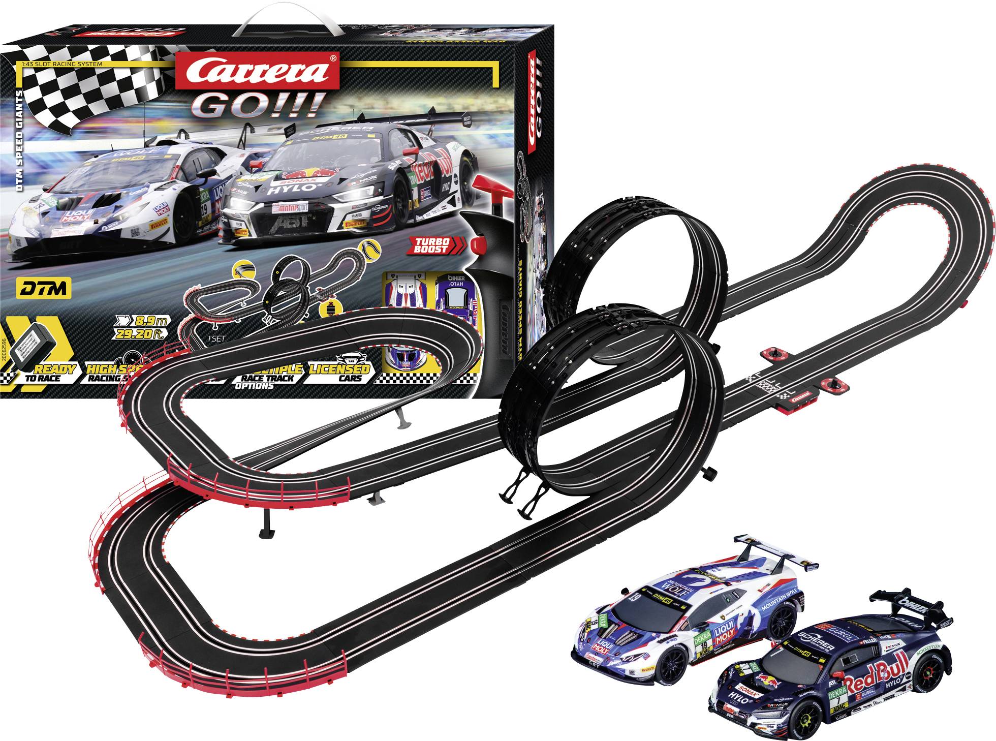 Toy race track set with black tracks featuring sharp curves and loops. Includes two detailed race cars. Packaging shows track layout and cars in action.