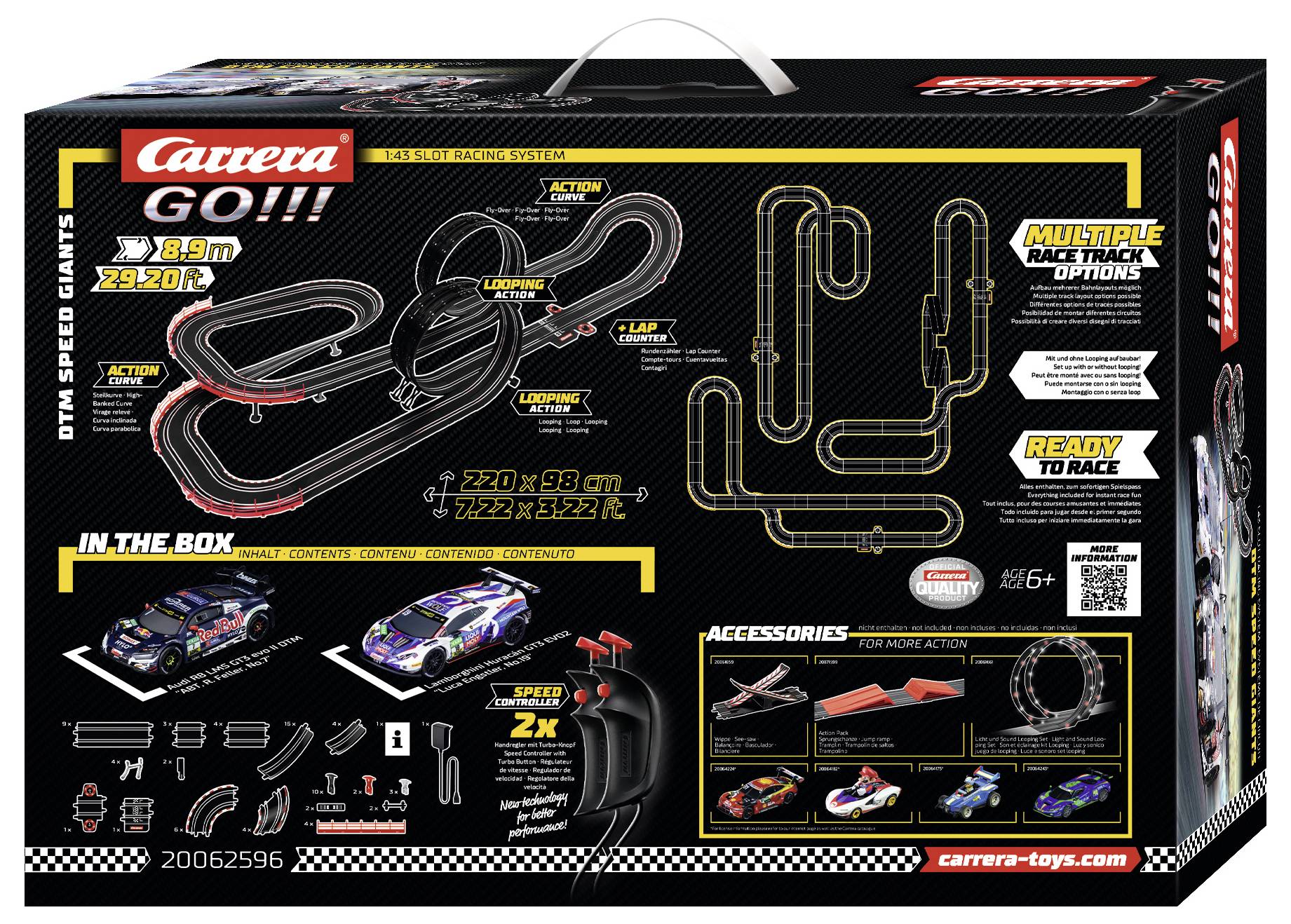 'Carrera GO!!!' race track set box showing track layout, car images, controllers, track size of 8.9m, and 'Ready to Race' tagline.