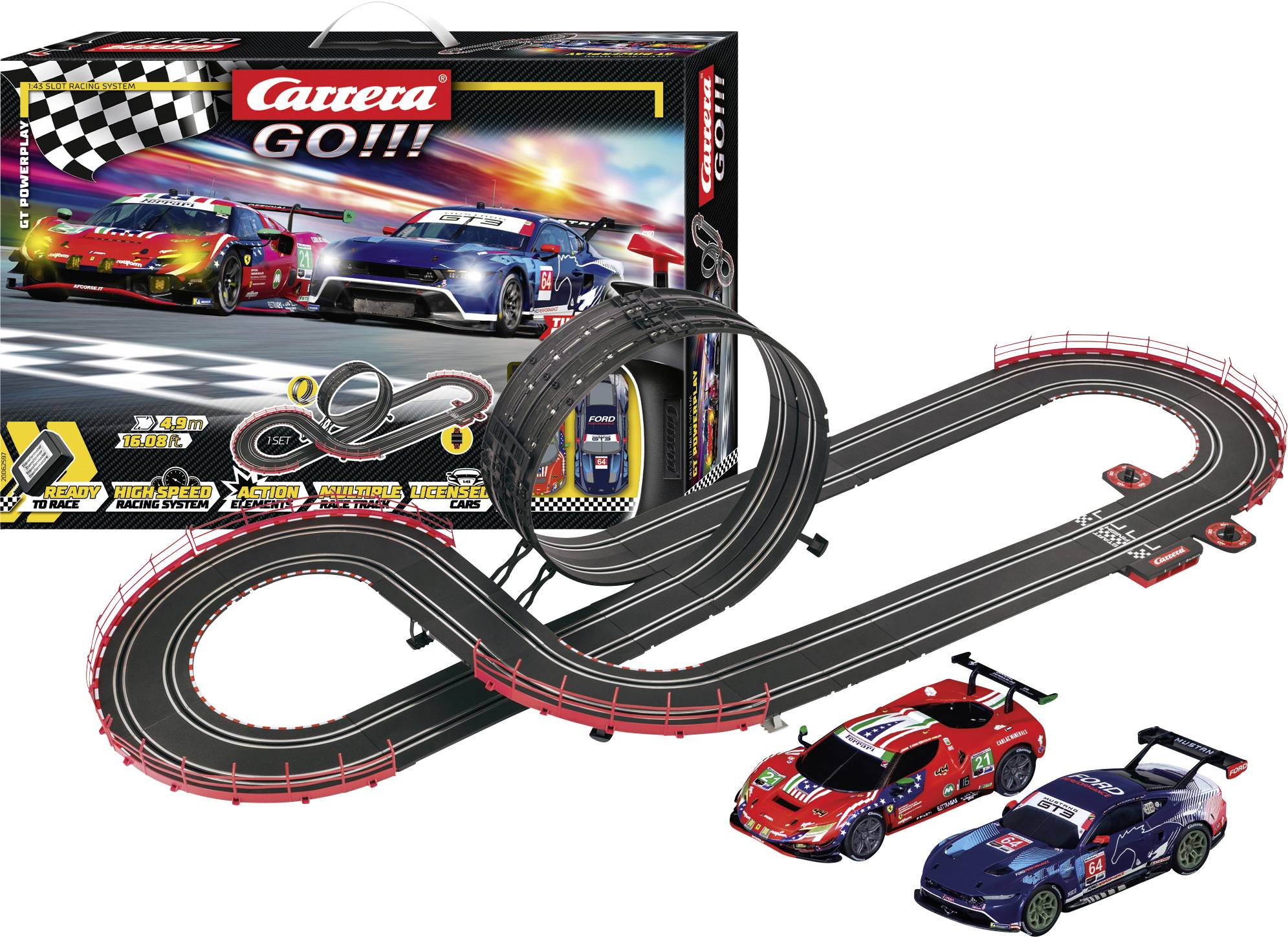 Racing car track set with two sports cars and loop. Box features colorful racing imagery and branding 'Carrera GO!!!'.