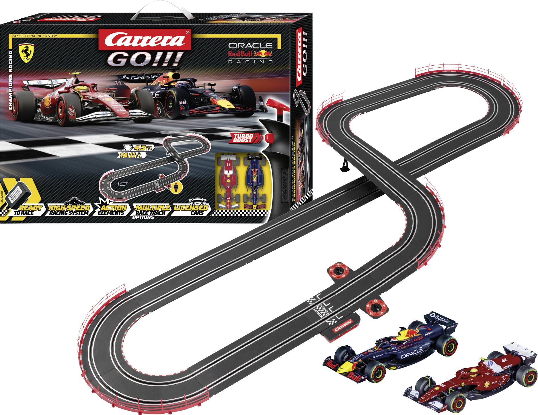 A race car track set with two model cars, packaging shows a Ferrari and Red Bull theme with a figure-8 layout and control remotes.