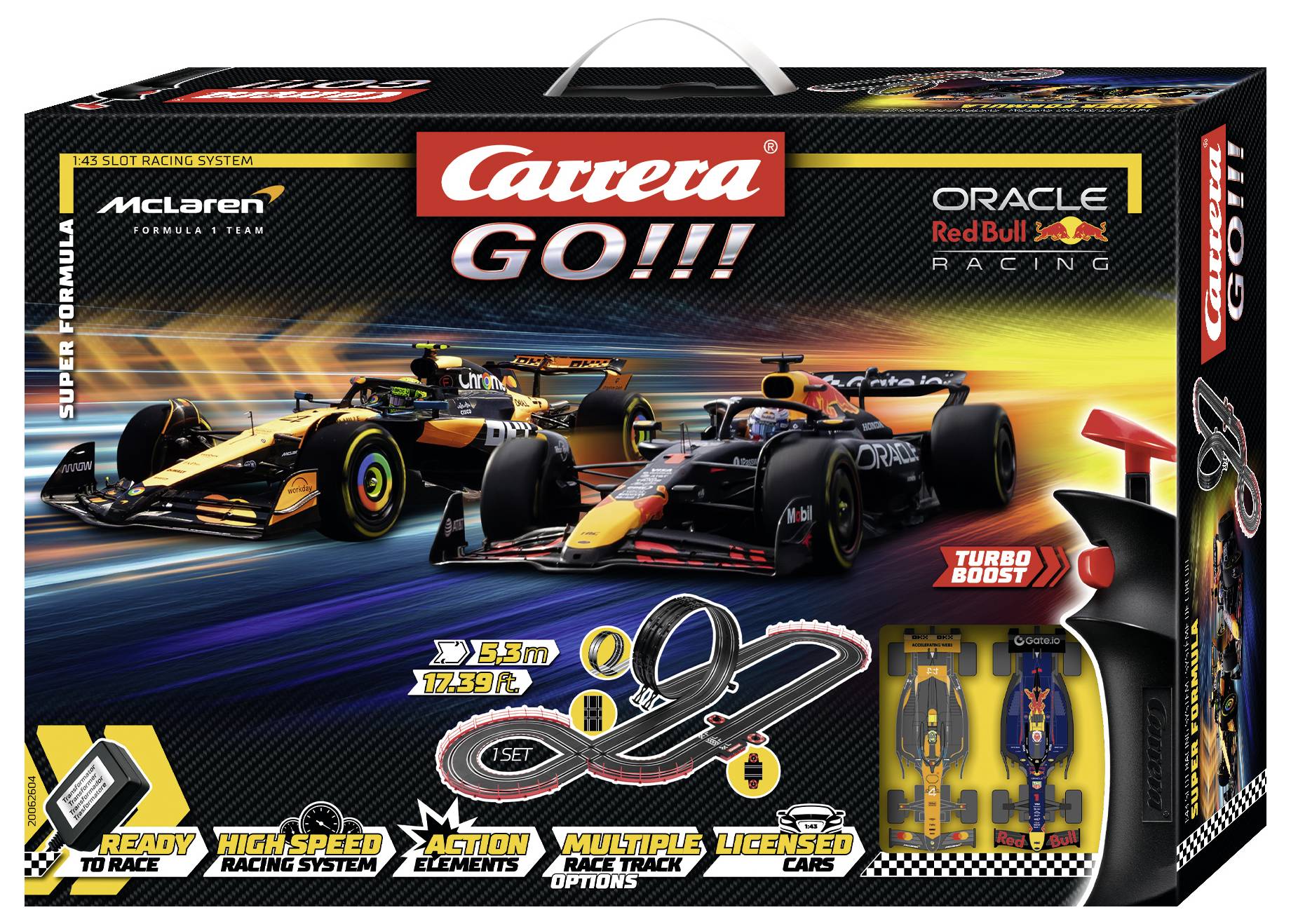 'Carrera GO!!!' racing set box featuring two Formula 1 cars from McLaren and Red Bull, with track image and features like 'Turbo Boost'.