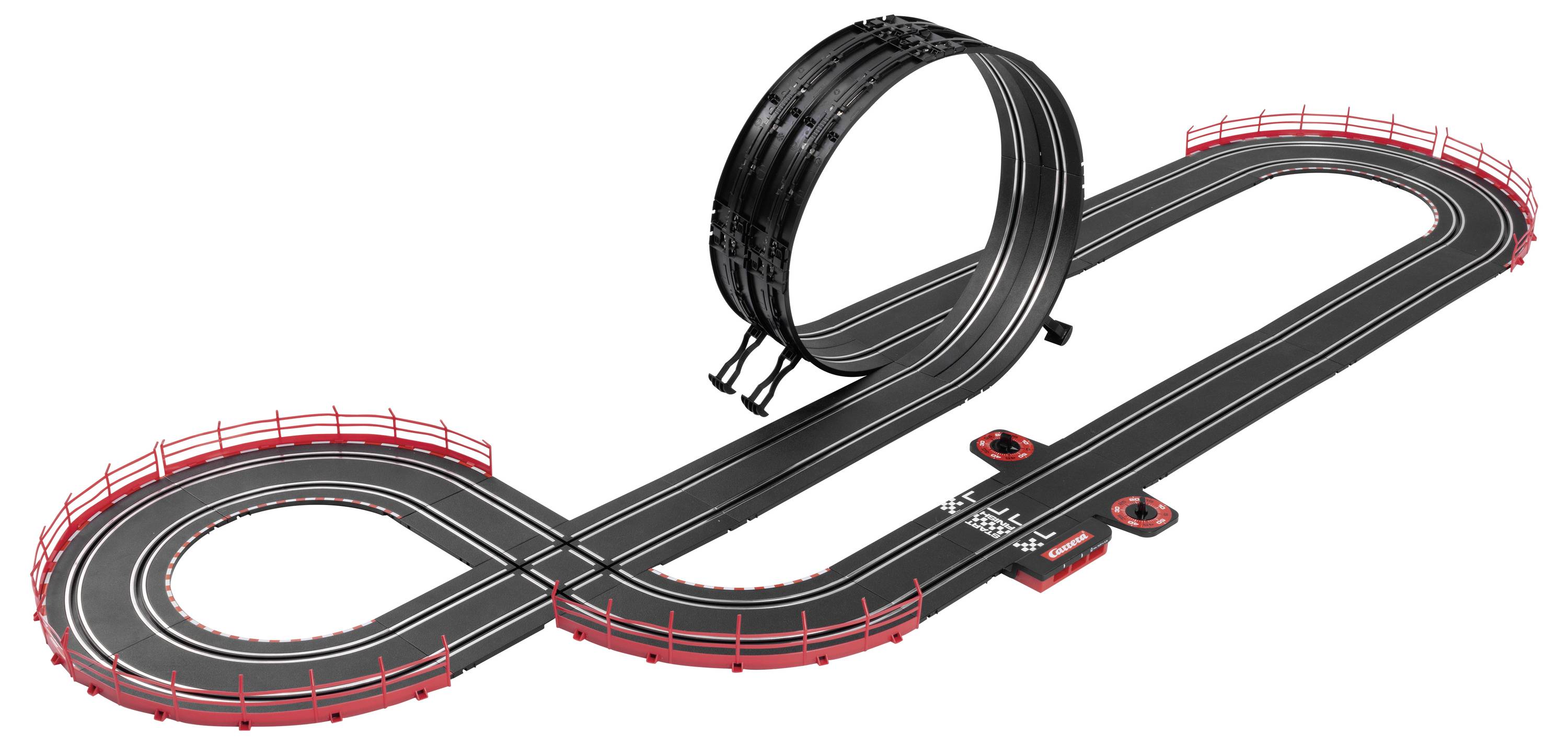 A black and red slot car racetrack featuring a large loop-the-loop, starting line, and barriers, designed for toy racing cars.