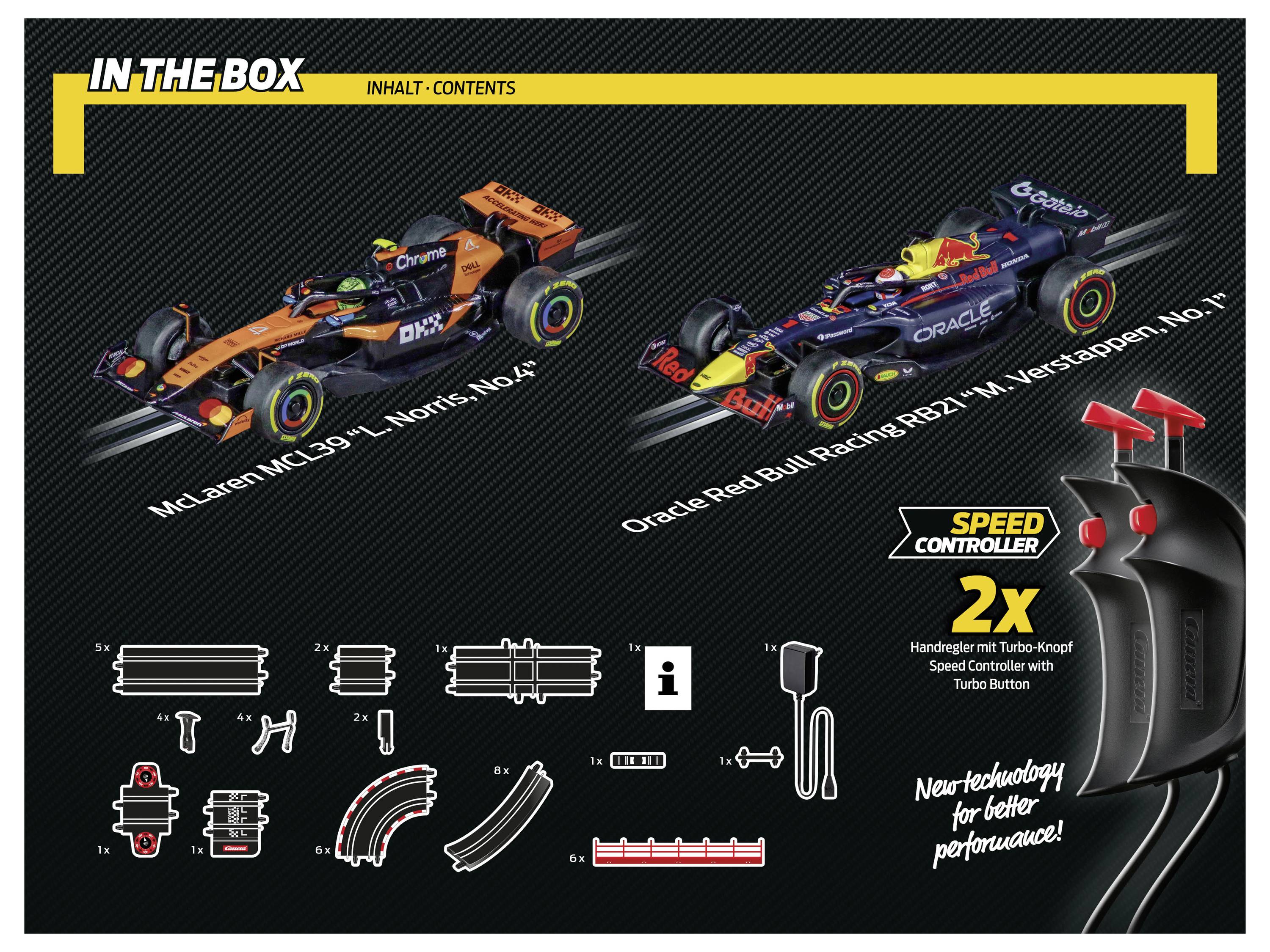 'In the Box' image showing two model race cars: McLaren MCL 35M and Red Bull Racing RB16B. Includes assembly parts and a speed controller.