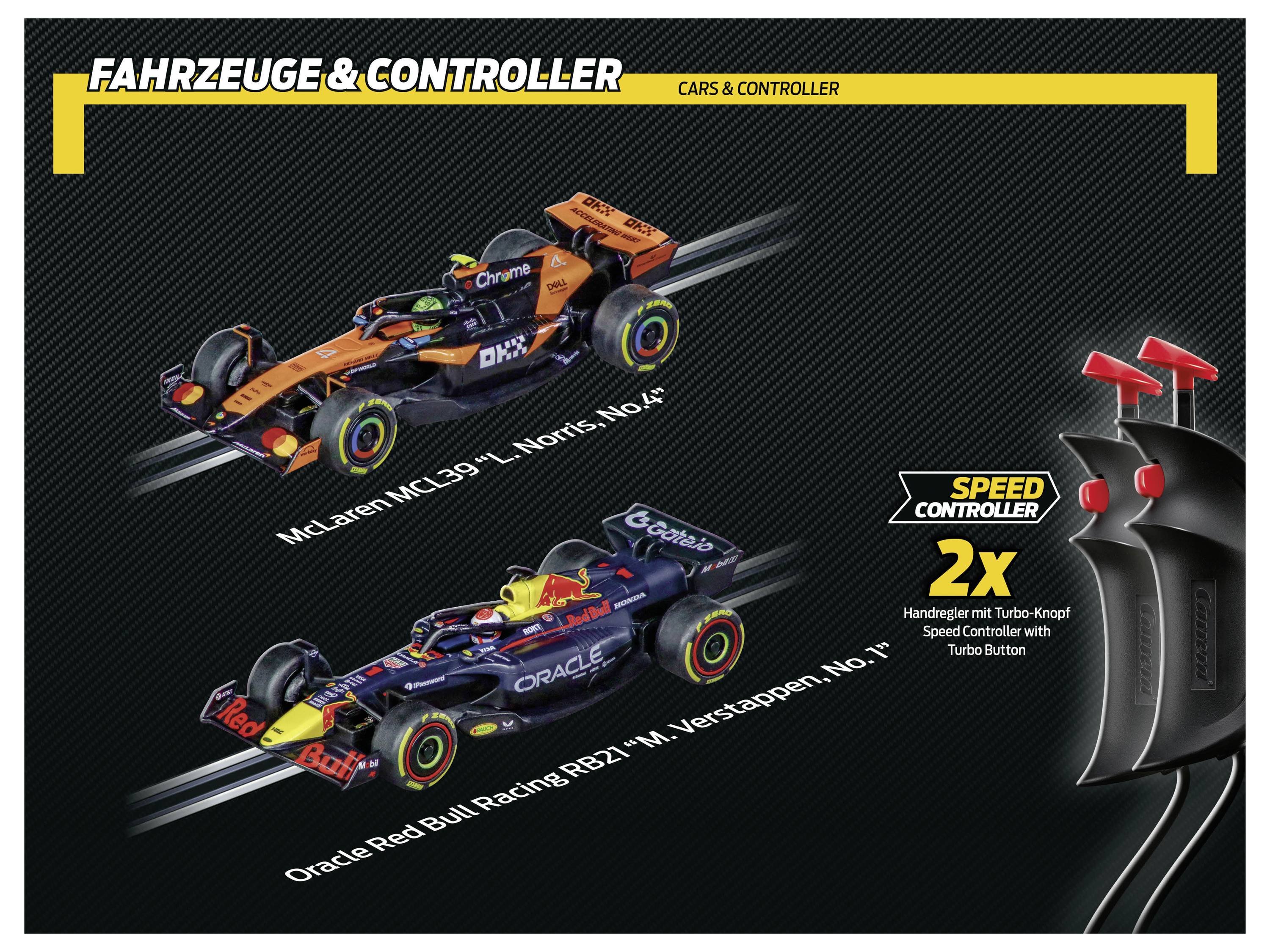 Two toy race cars are displayed with a controller. The cars are labeled 'McLaren MCL36 L. Norris, No. 4' and 'Oracle Red Bull Racing RB12 H. Verstappen, No. 1', highlighted for a speed feature.