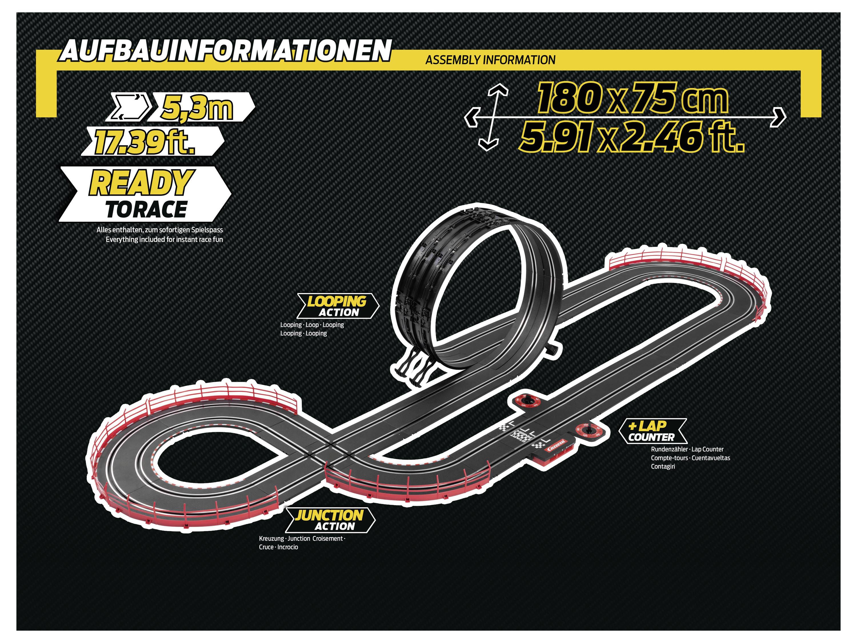 'Toy car racetrack assembly information' shows dimensions 180 x 75 cm (5.91 x 2.46 ft) and features including a loop and lap counter.