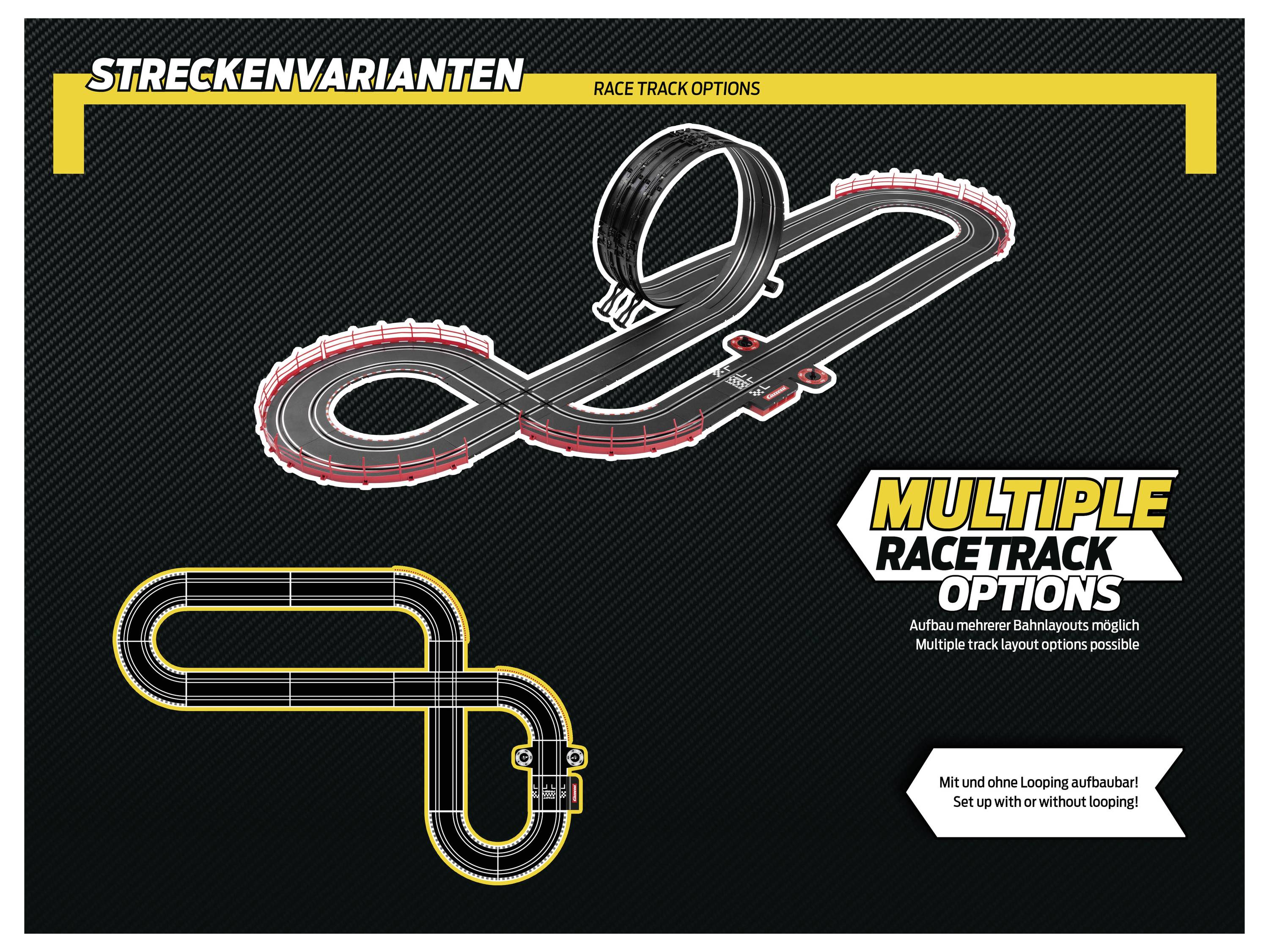 'Streckenvarianten' diagram showing multiple race track options, with a looping section highlighted. Descriptions are in German and English.