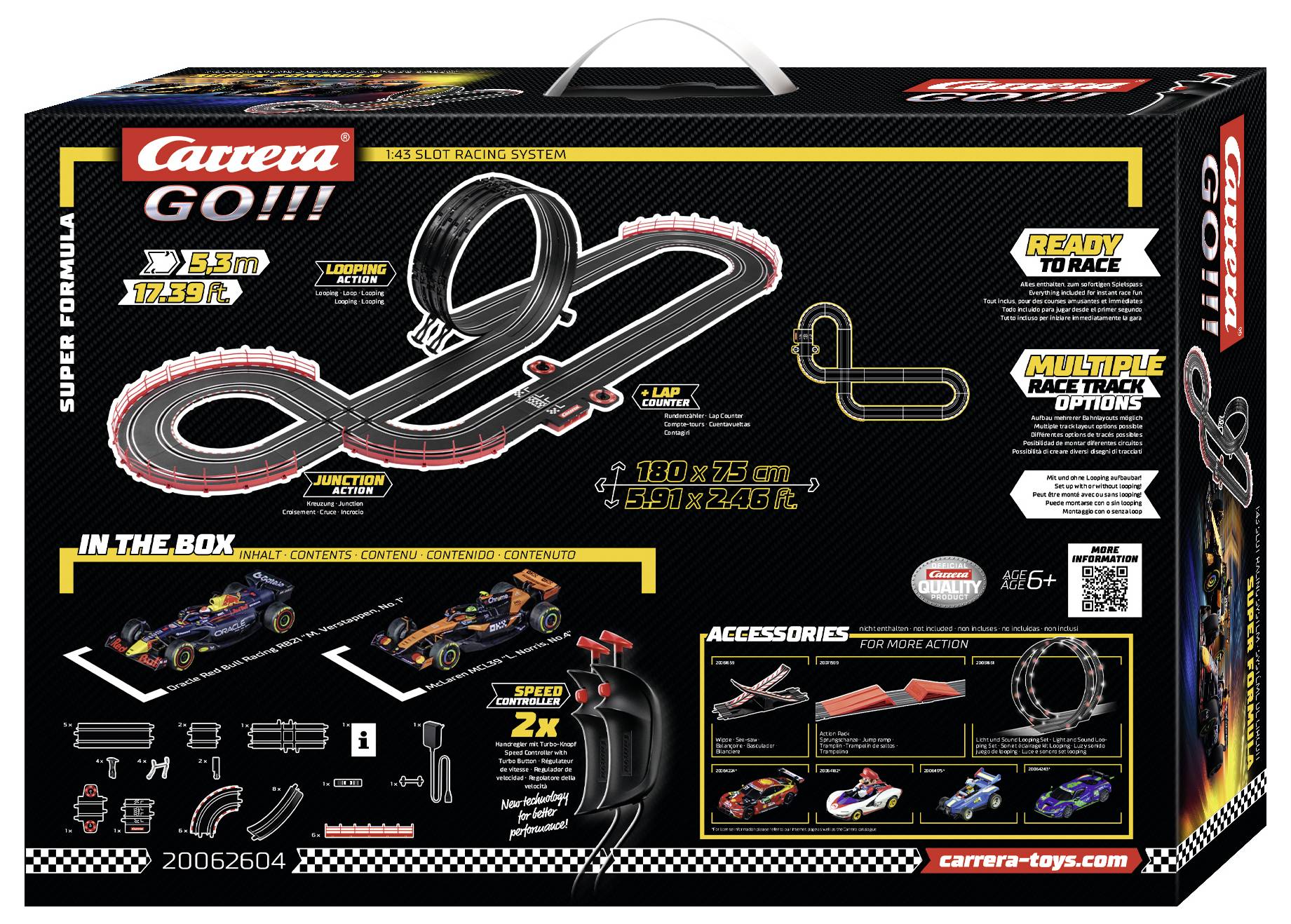 'Carrera GO!!!' racing track set box featuring track layout with loop, two race cars, controller, and accessories visible.
