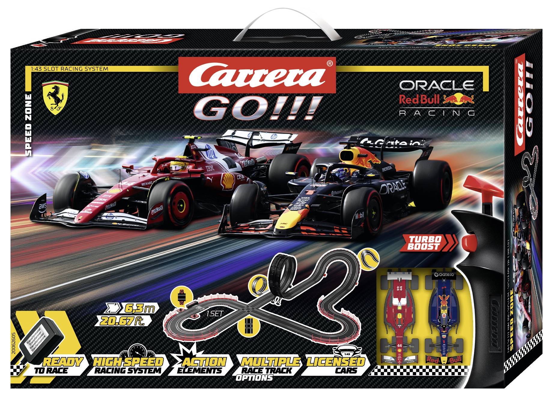 A Carrera GO!!! slot car racing set featuring Ferrari and Red Bull branded cars on a 6.3m track with multiple racing options and turbo boost.