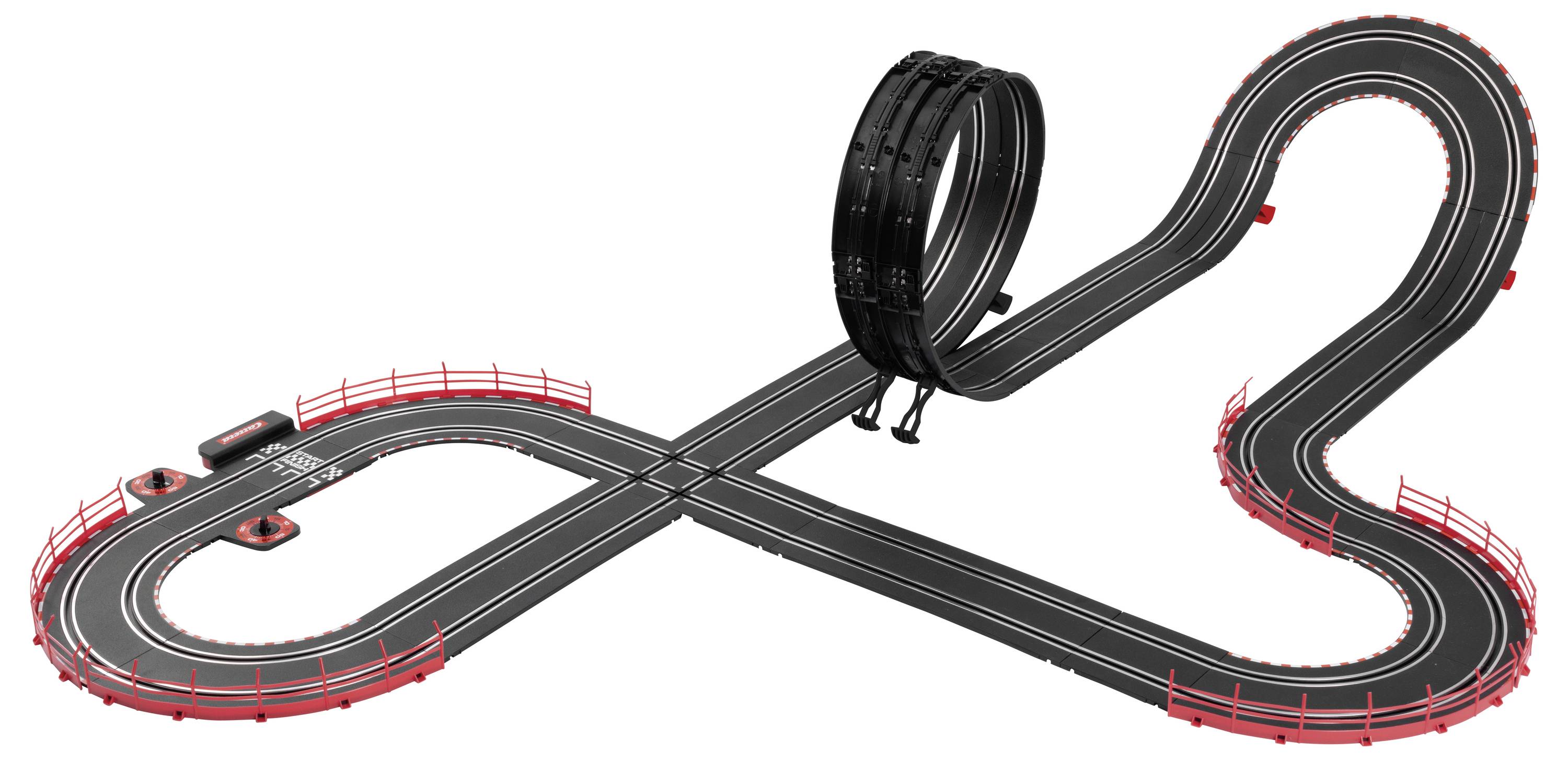 A looping toy race track with a figure-eight design featuring a loop-the-loop section, fenced sides, and two starting points.