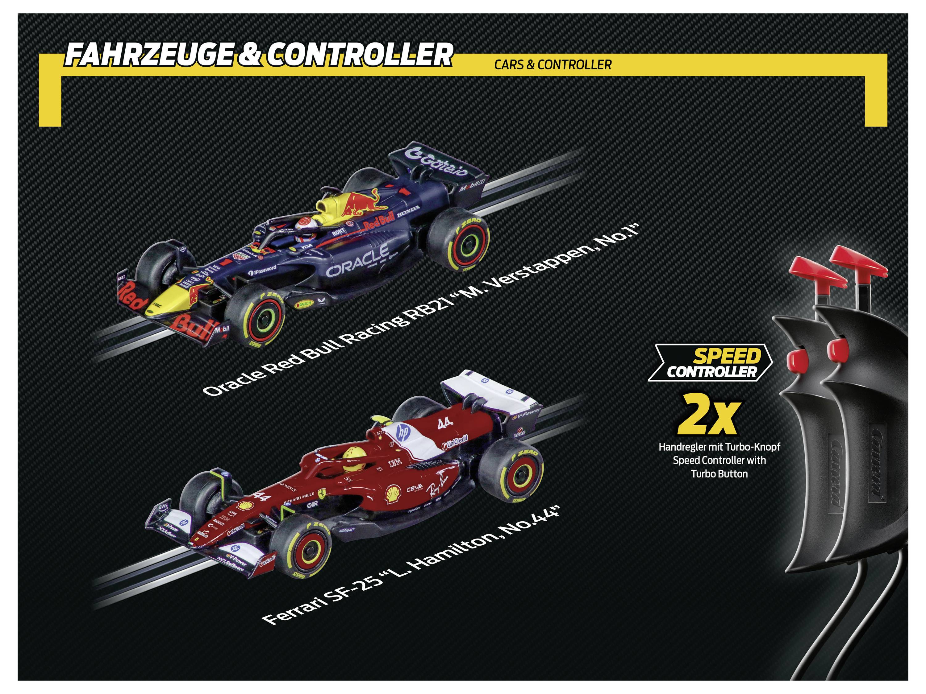 'Fahrzeuge & Controller' catalog page showing Oracle Red Bull Racing RB21 and Ferrari SF-23 models alongside a black controller.