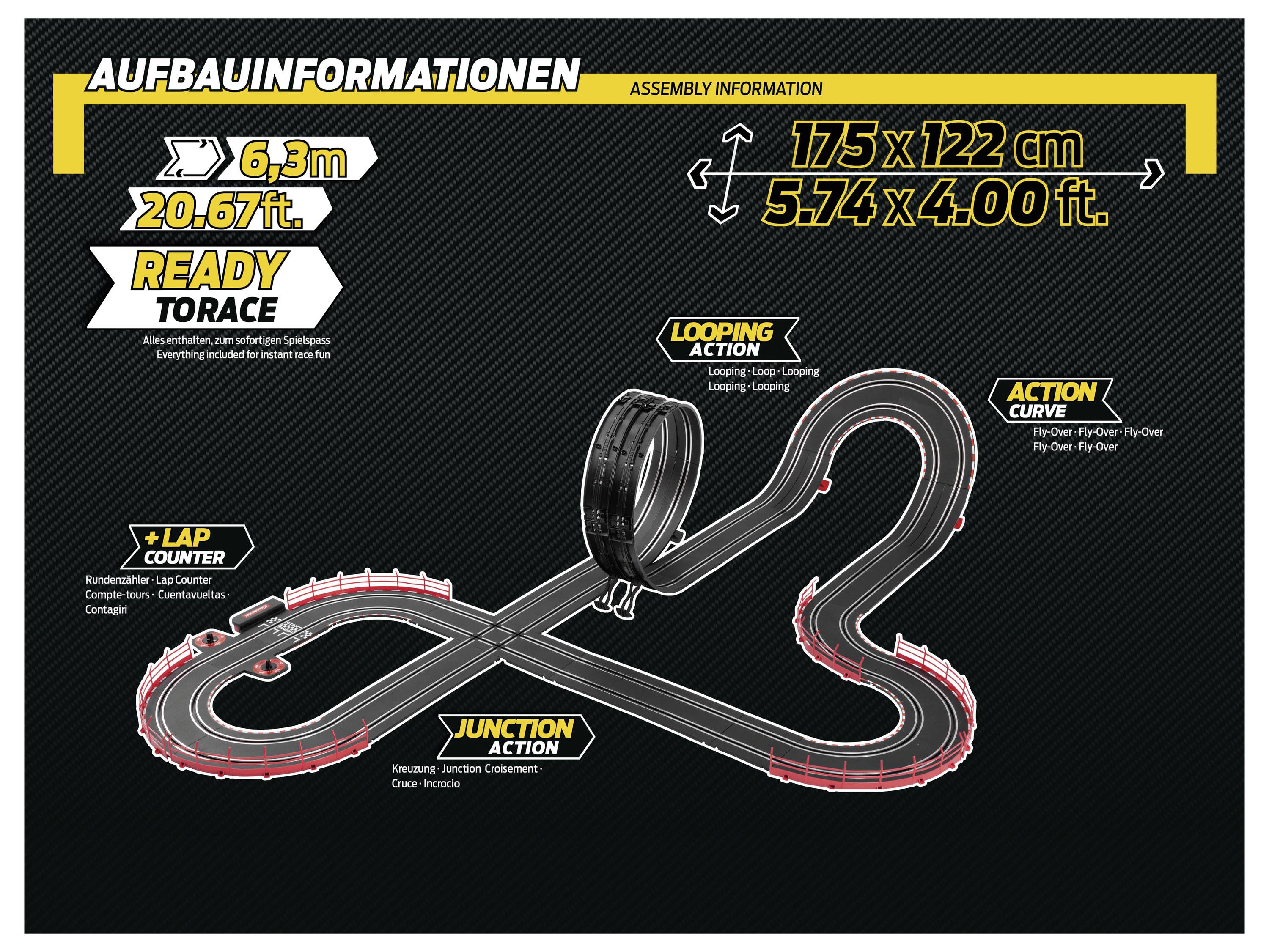 'Assembly Information' map showing a race track layout. Key features include '6.3m', '20.67ft.', 'Ready to Race', and sections like 'Looping Action', 'Action Curve'. Track size 175x122 cm, 5.74x4.00 ft.