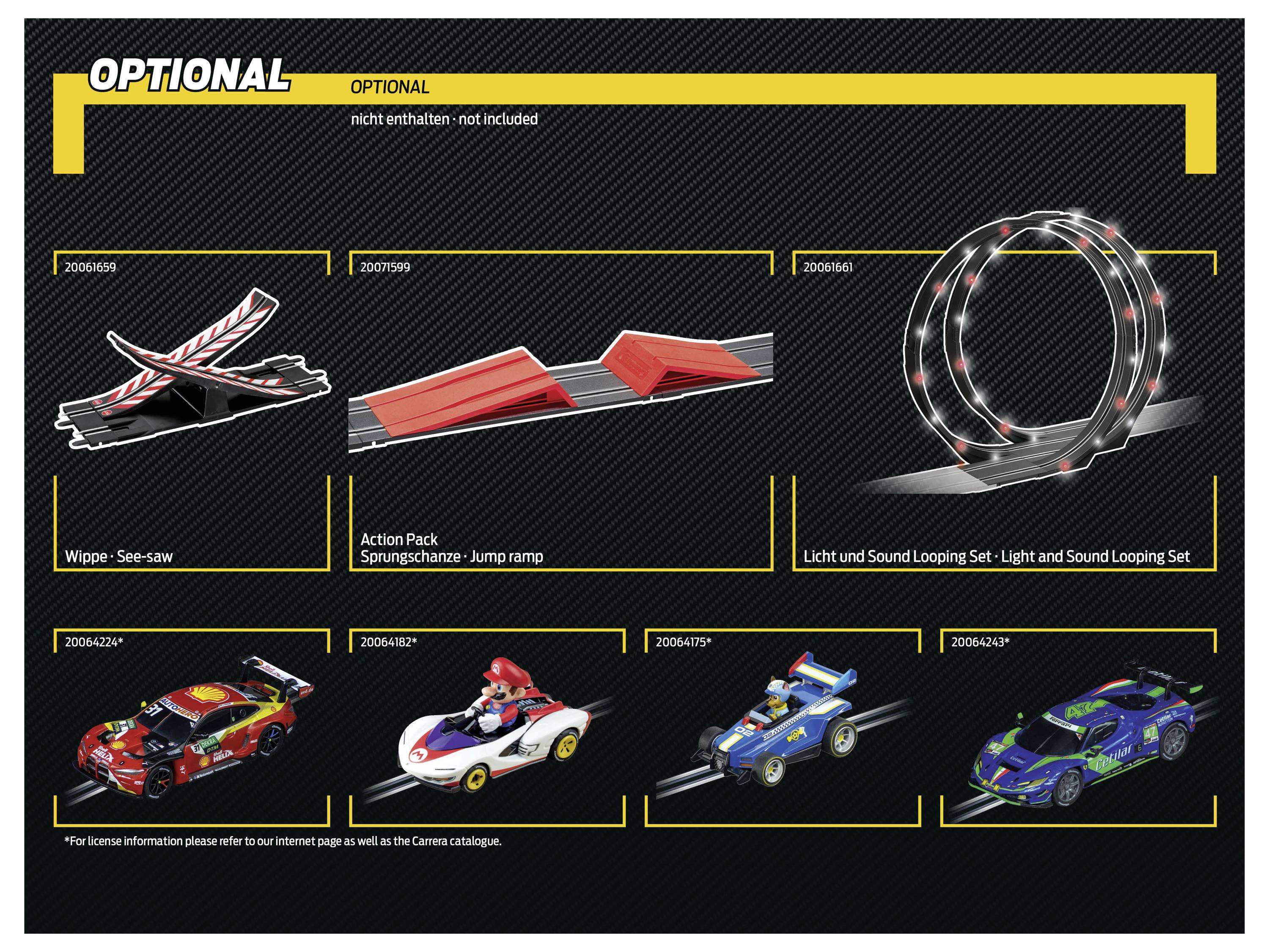 'Optional' track set expansion includes a see-saw, jump ramp, and light-sound looping set. Additionally, there are four toy cars.
