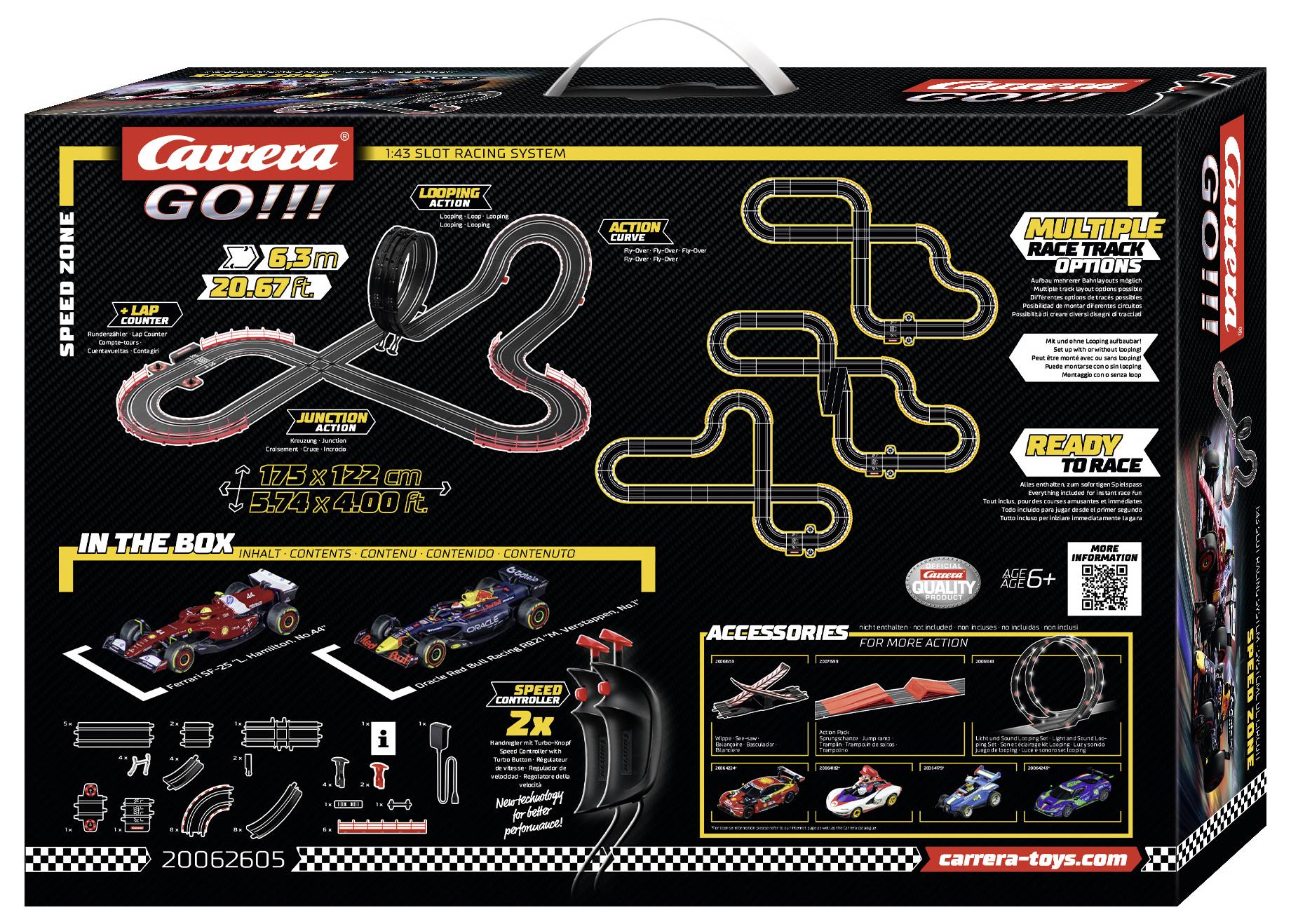 'Carrera Go!!!' race track set box back displaying track layout, contents, accessories, and features, including multiple track options.