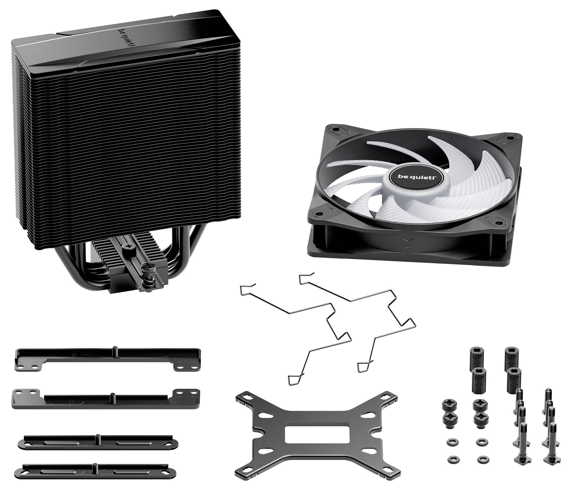 'be quiet!' CPU cooler set with large black heatsink, fan, brackets, screws, and mounting hardware for computer installation.