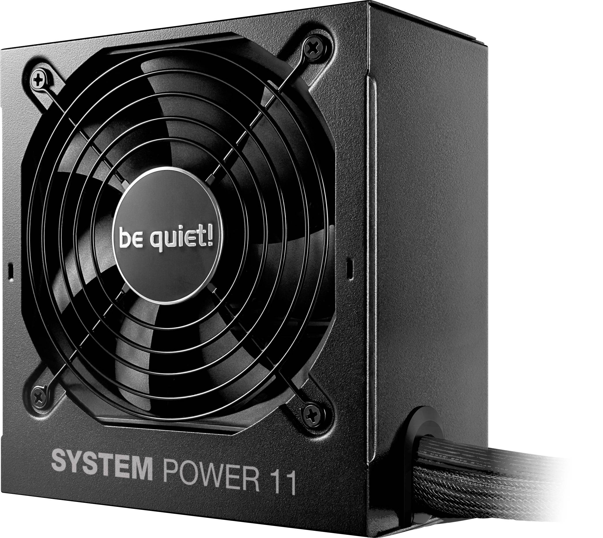 A black 'be quiet! SYSTEM POWER 11' power supply unit with a cooling fan is shown. It's compact and designed for PC building.