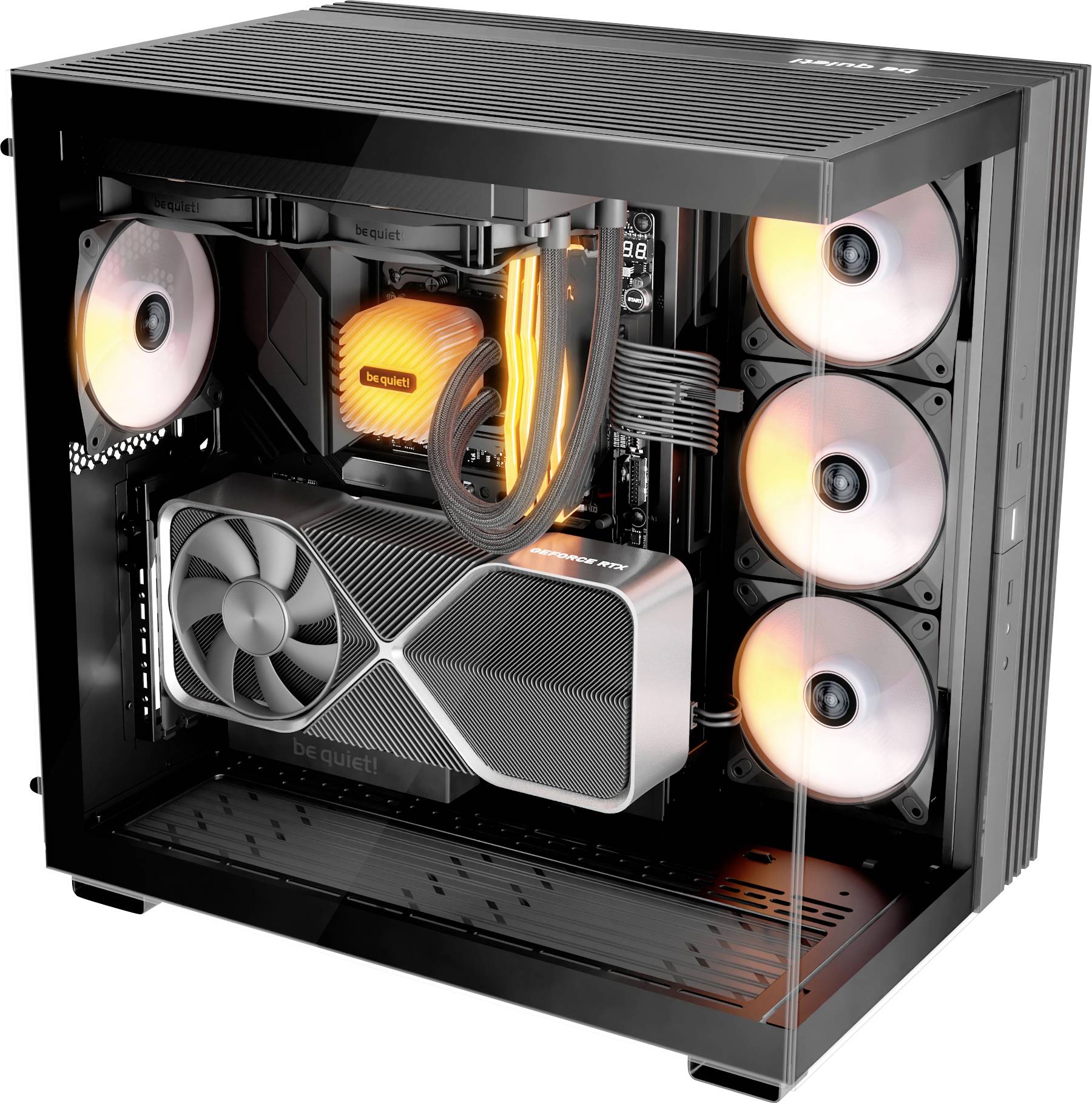 A transparent PC case showcasing a high-performance gaming setup with RGB fans, liquid cooling system, and a large graphics card.