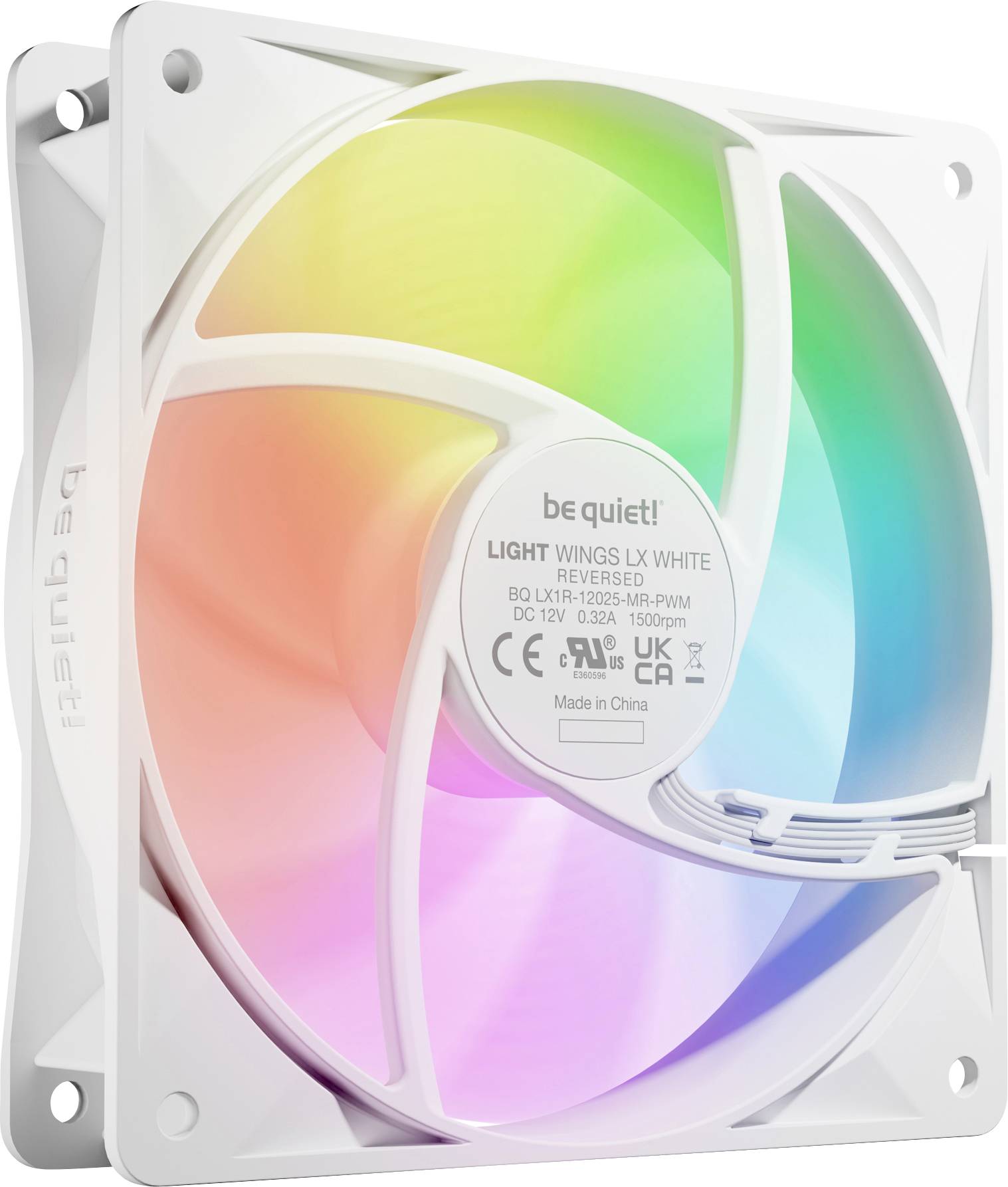 A computer cooling fan with a white frame and multicolored LED lights, featuring the brand 'be quiet!' and specifications on the center label.