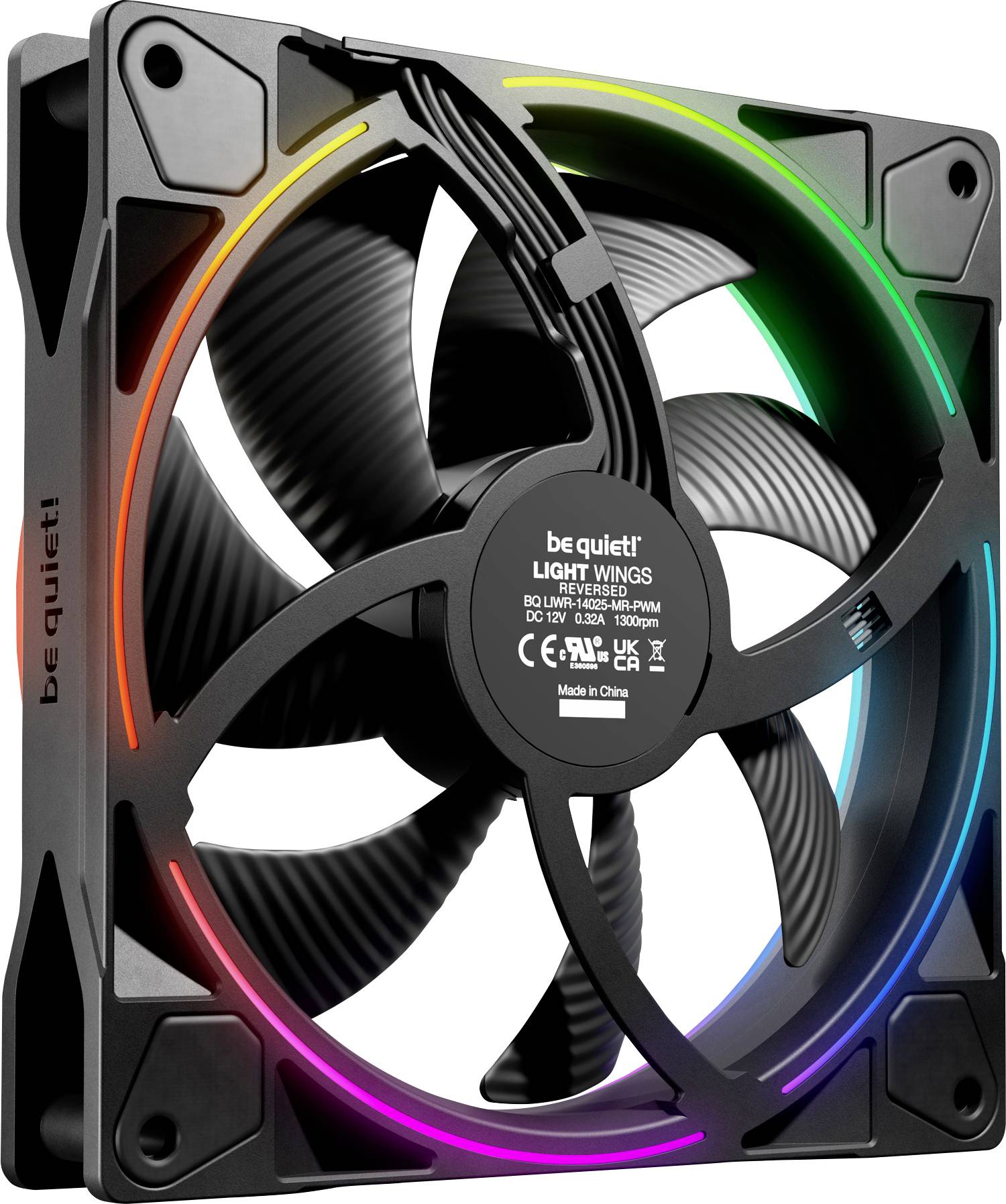 A black computer cooling fan with RGB lighting, displaying brand 'be quiet!'.