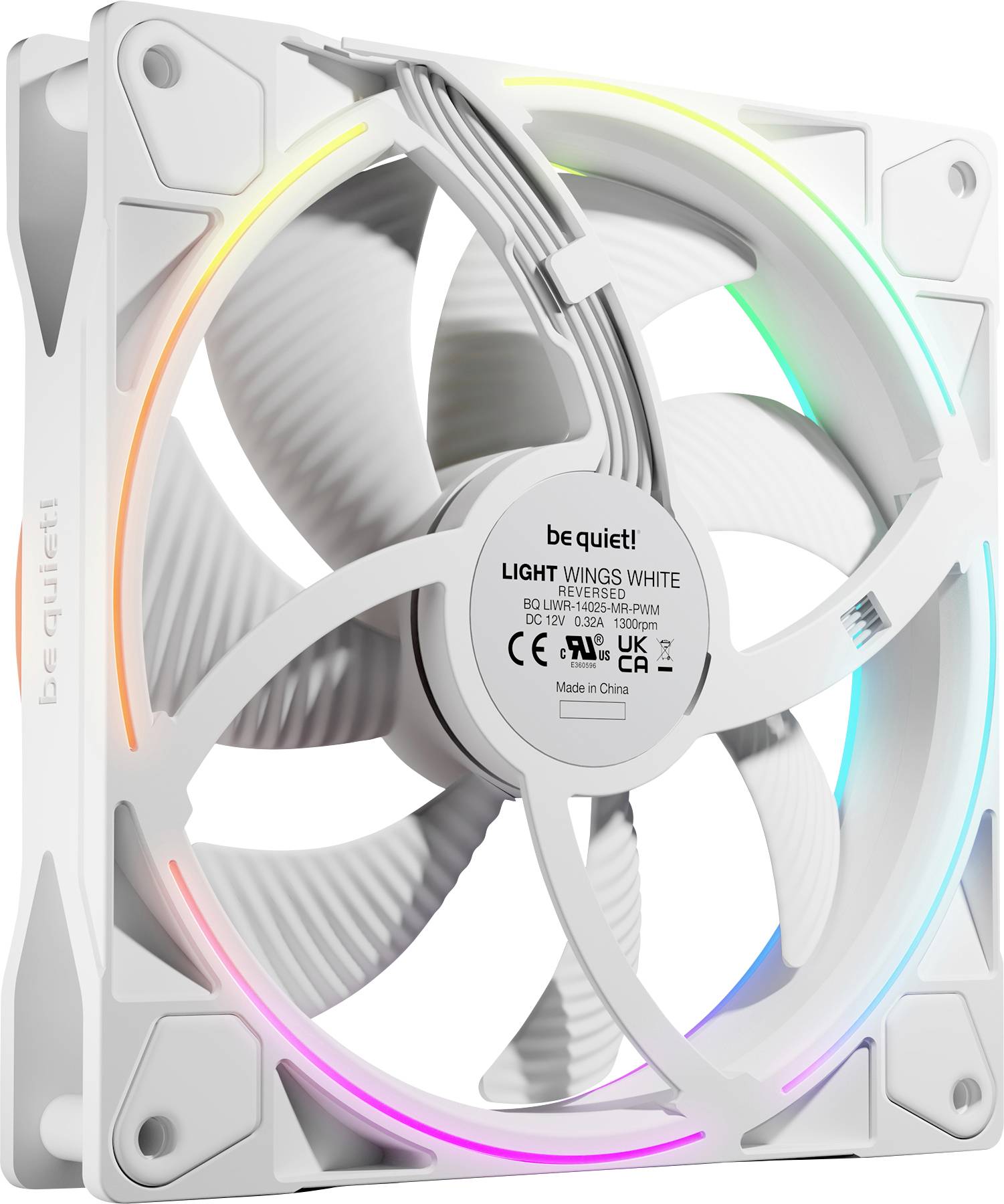 'A white computer fan with multicolored LED lights, labeled 'be quiet! LIGHT WINGS WHITE', designed for cooling technology devices.'
