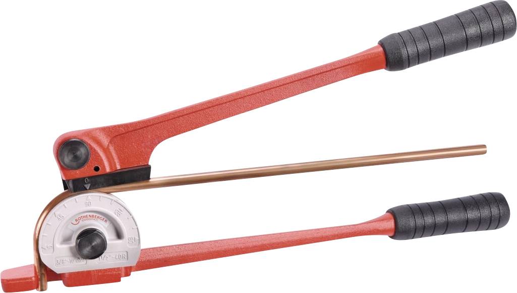 A red manual pipe bender with black grip handles is positioned with a copper pipe inserted, showing measurement markings for bending angles.