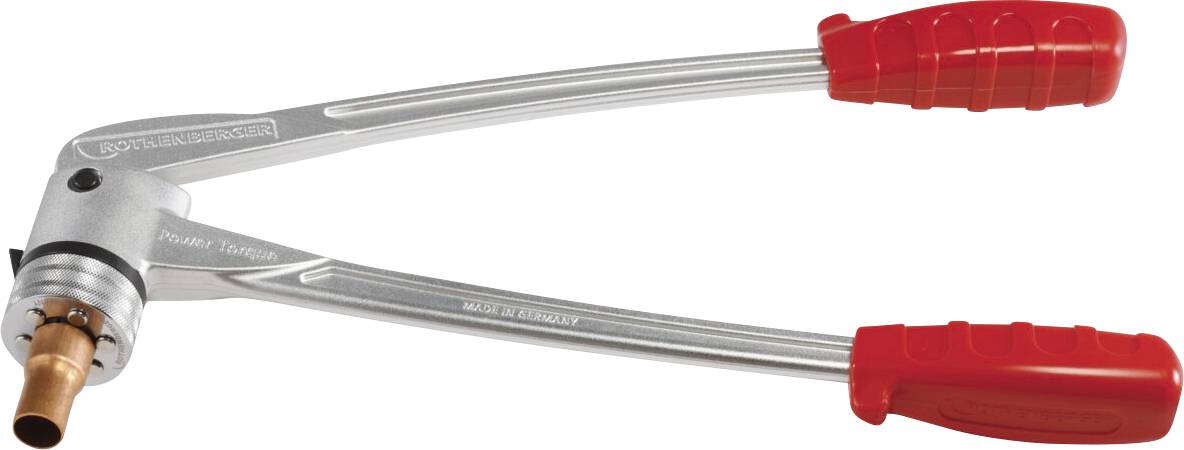 A hand press tool with red handles, designed for crimping or pressing fittings onto pipes.